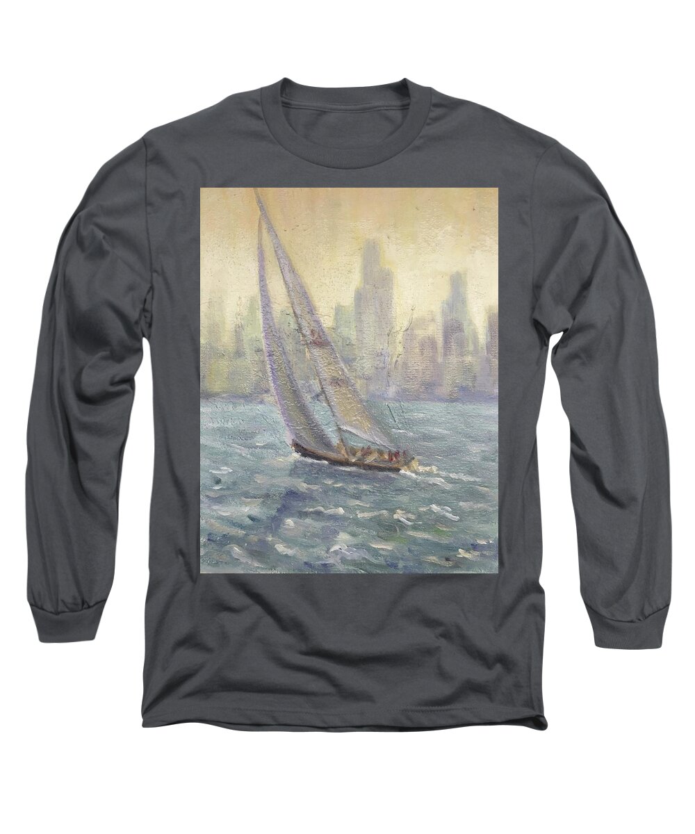 Sailboat Long Sleeve T-Shirt featuring the painting Sailing Chicago by Will Germino