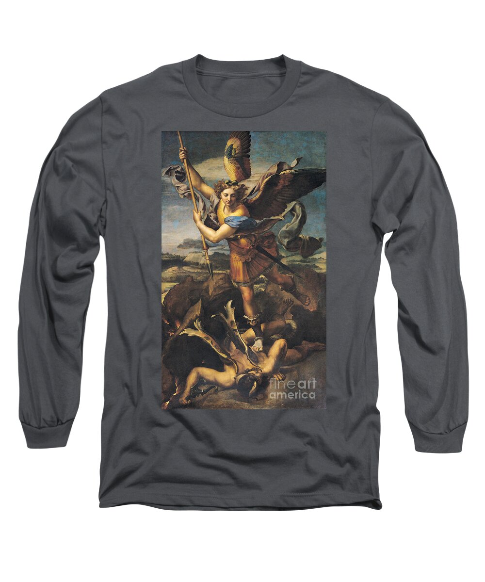 Michael Long Sleeve T-Shirt featuring the painting Saint Michael Overwhelming the Demon by Raphael