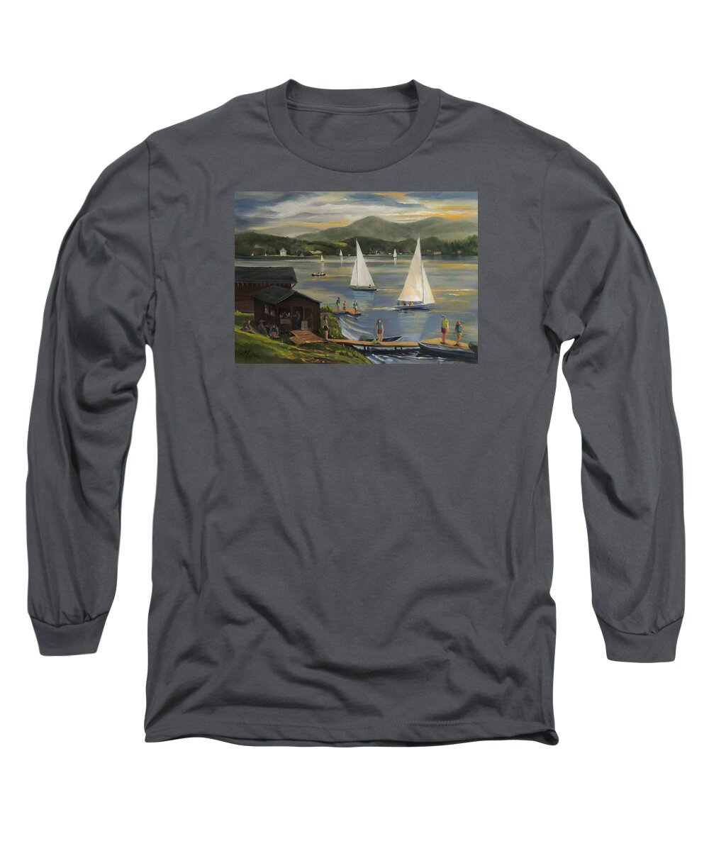Sailing Long Sleeve T-Shirt featuring the painting Sailing at Lake Morey Vermont by Nancy Griswold