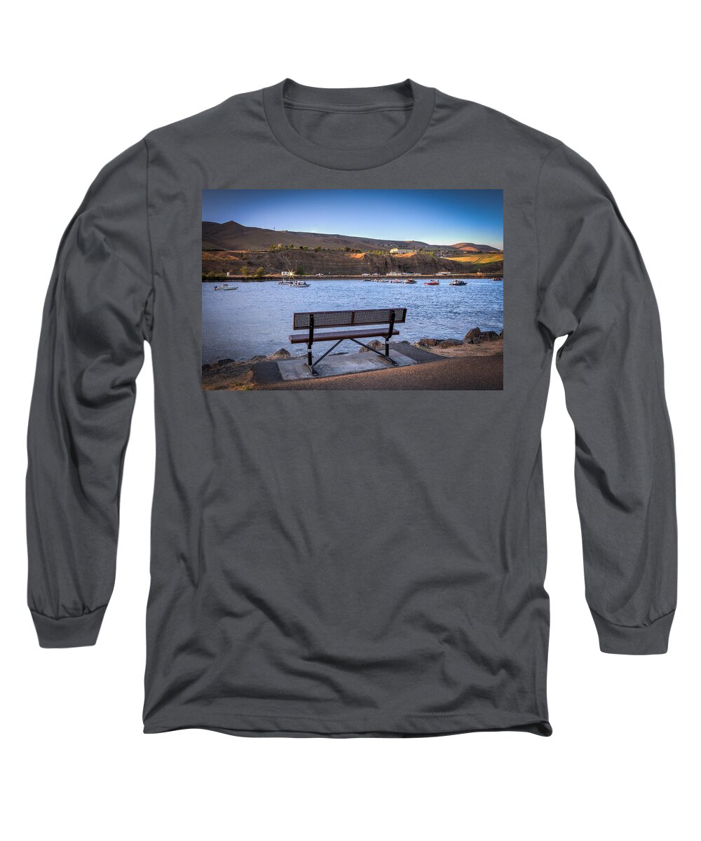 Lewiston Idaho Clarkston Washington Id Wa Lc-valley Valley Lewis Clark Bench Salmon Fishing Boats Boating Clearwater River Nature Hill Blue Path Rocks Boats Long Sleeve T-Shirt featuring the photograph Salmon Fishing Watching by Brad Stinson