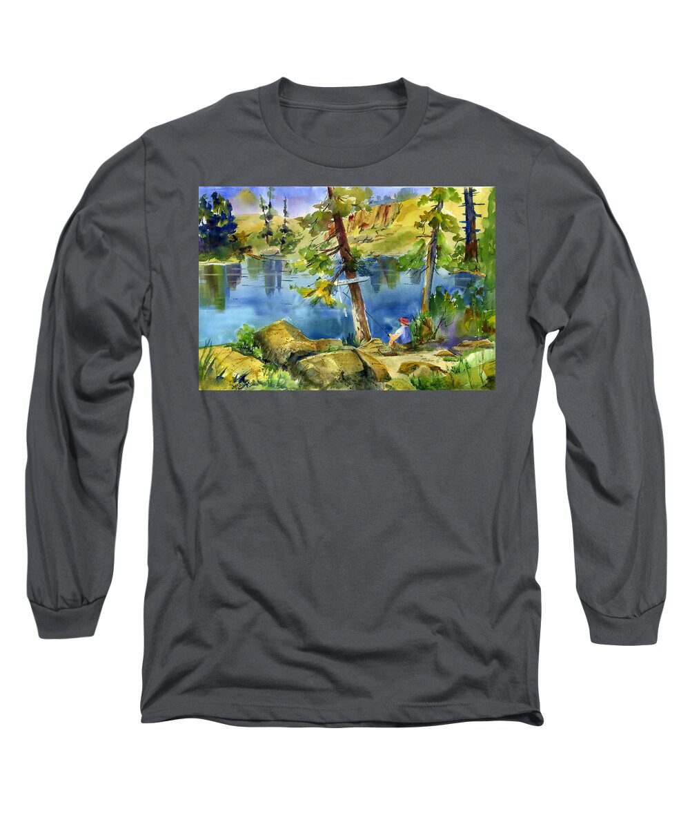 Salmon Lake Long Sleeve T-Shirt featuring the painting Salmon Lake Fisherman by Joan Chlarson