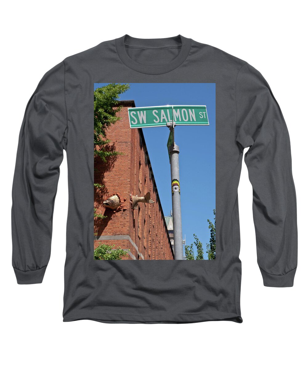Urban Long Sleeve T-Shirt featuring the photograph Salmon through a building by Frank DiMarco