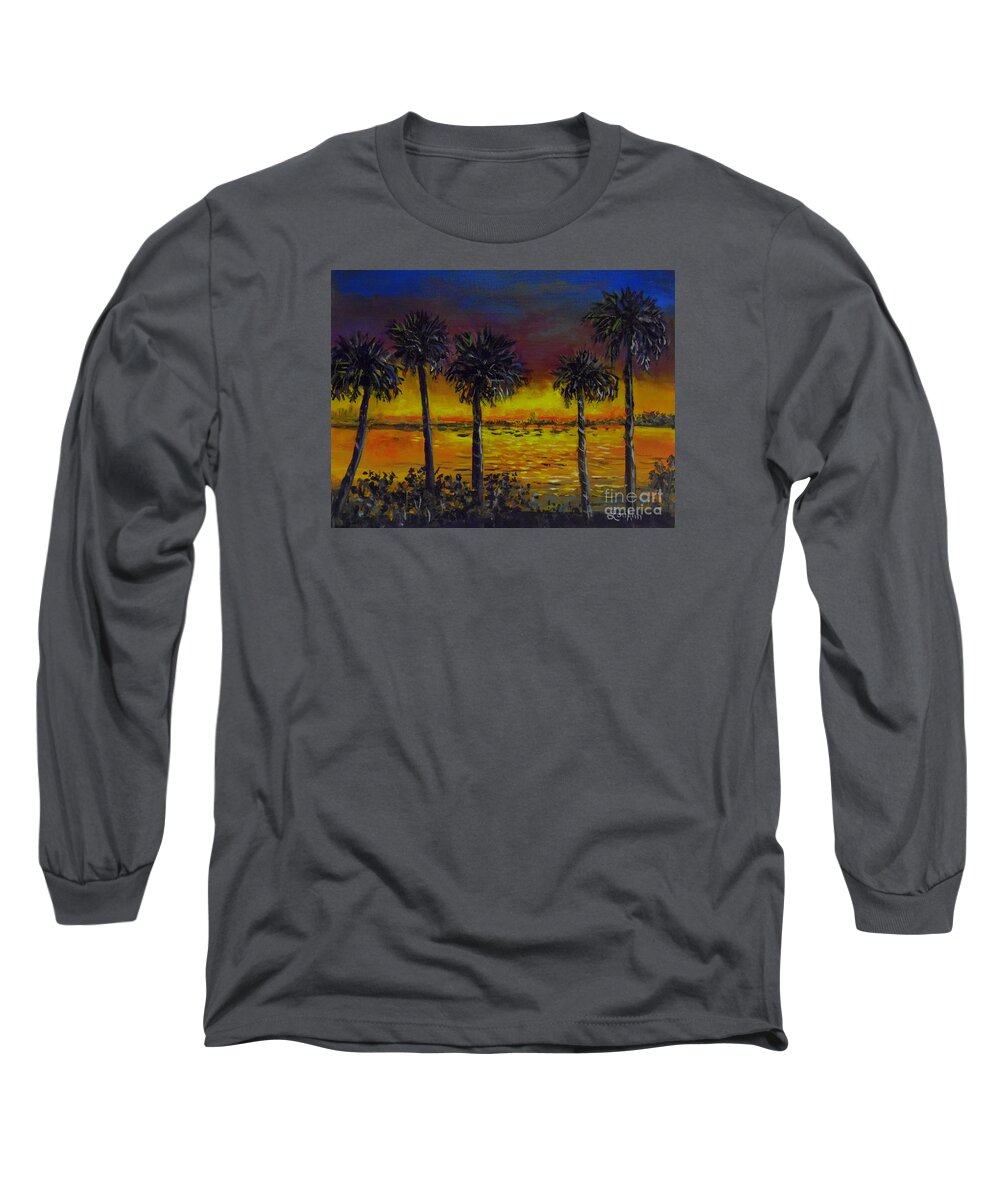 Sarasota Bayfront Sunset Long Sleeve T-Shirt featuring the painting Sarasota Bayfront Sunset by Lou Ann Bagnall