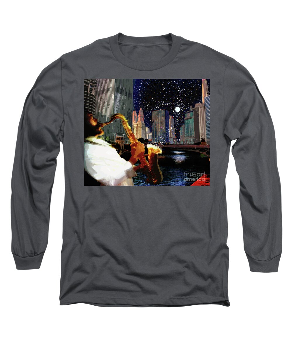 Jazz Long Sleeve T-Shirt featuring the digital art Sax in the City by Joe Roache