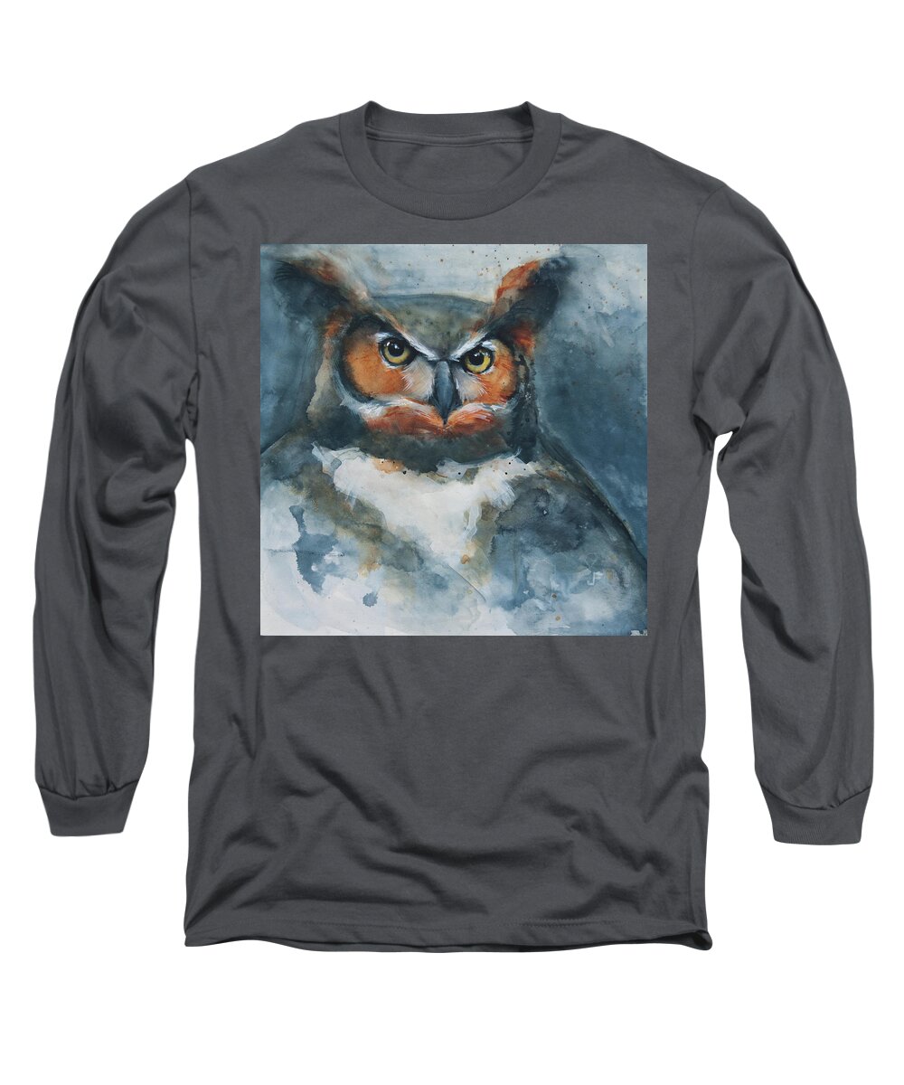 Owl Long Sleeve T-Shirt featuring the painting Says Who? by Jani Freimann