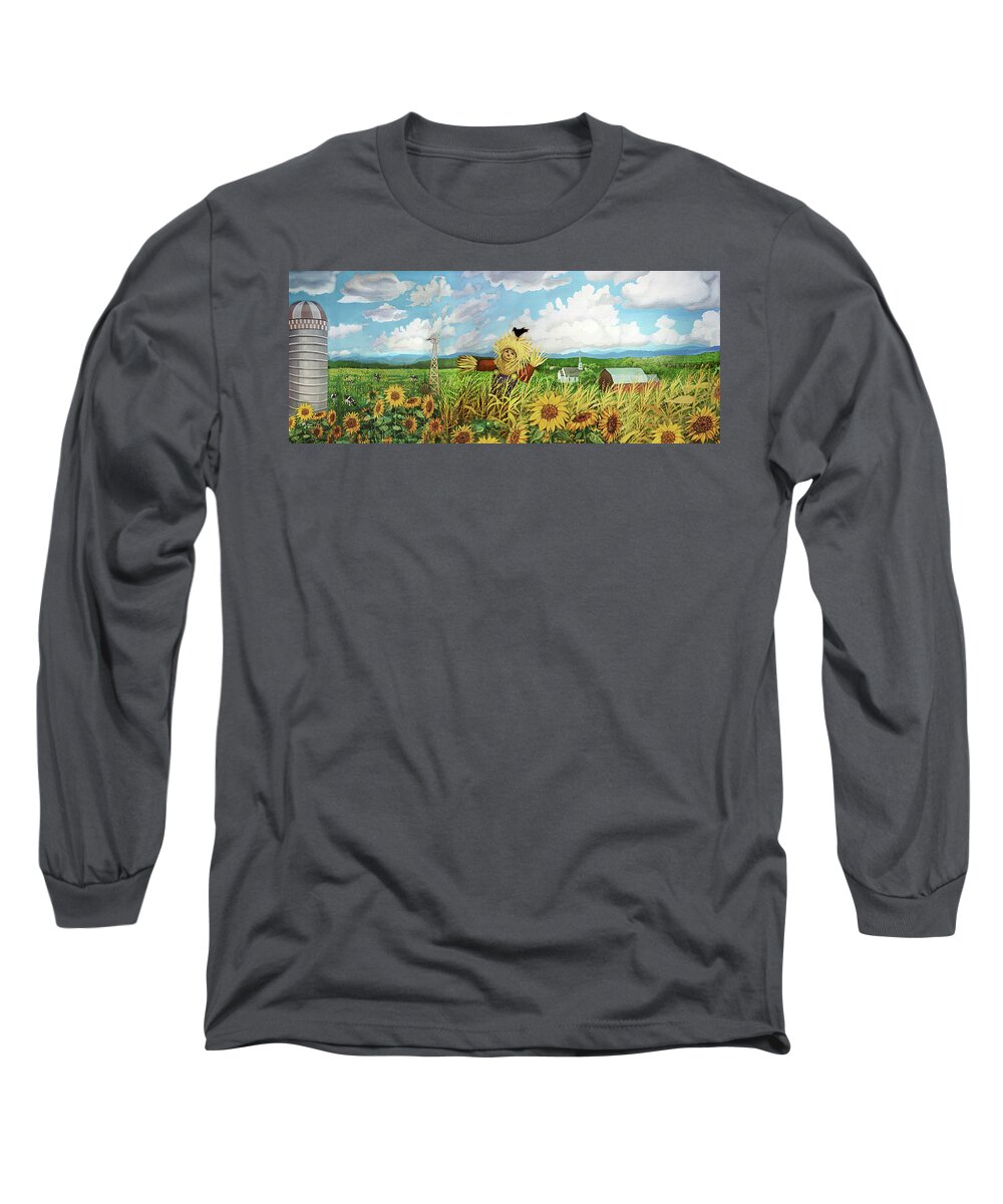 Scarecrow Long Sleeve T-Shirt featuring the painting Scare Crow and Silo Farm by Bonnie Siracusa