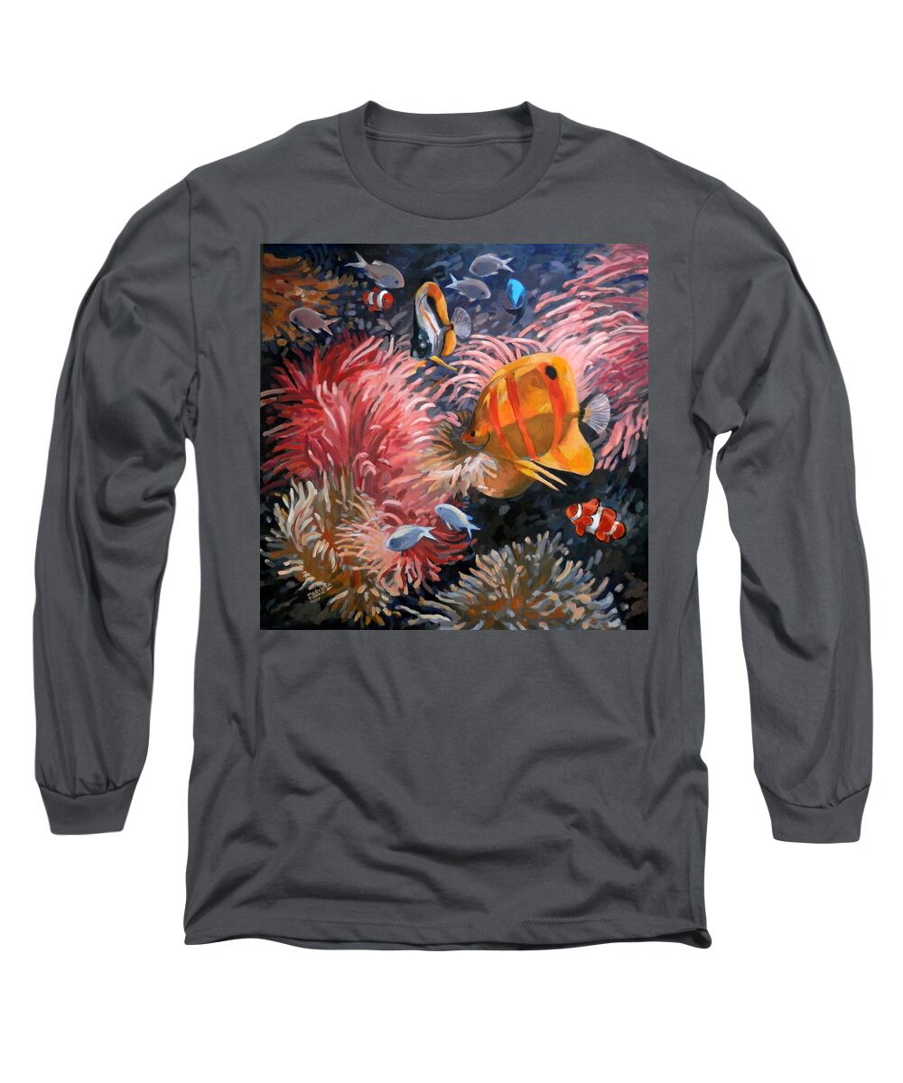 Sea Anemone Long Sleeve T-Shirt featuring the painting Sea Anemone and Fish by Martha Tisdale