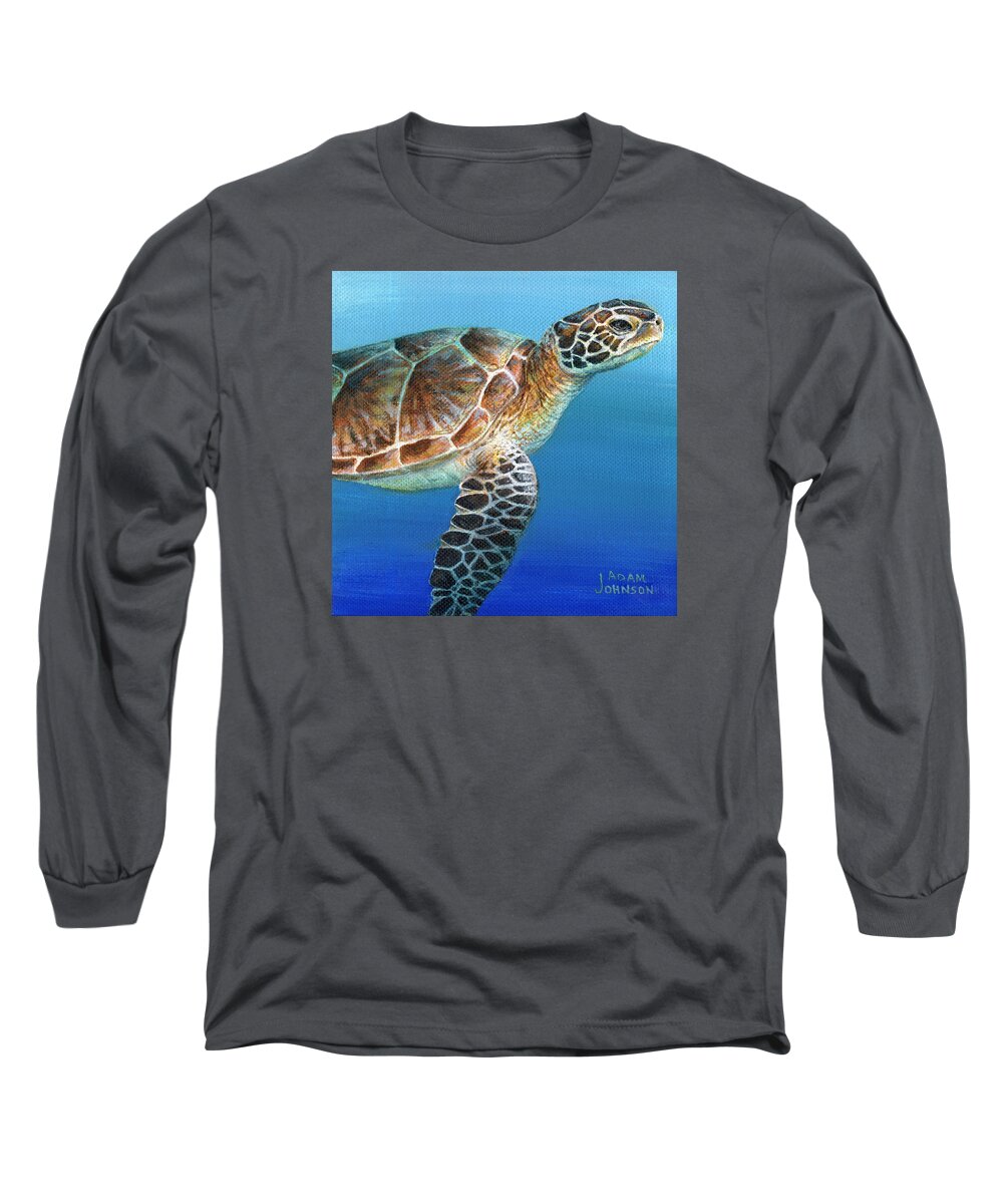 Sea Long Sleeve T-Shirt featuring the painting Sea Turtle 2 of 3 by Adam Johnson