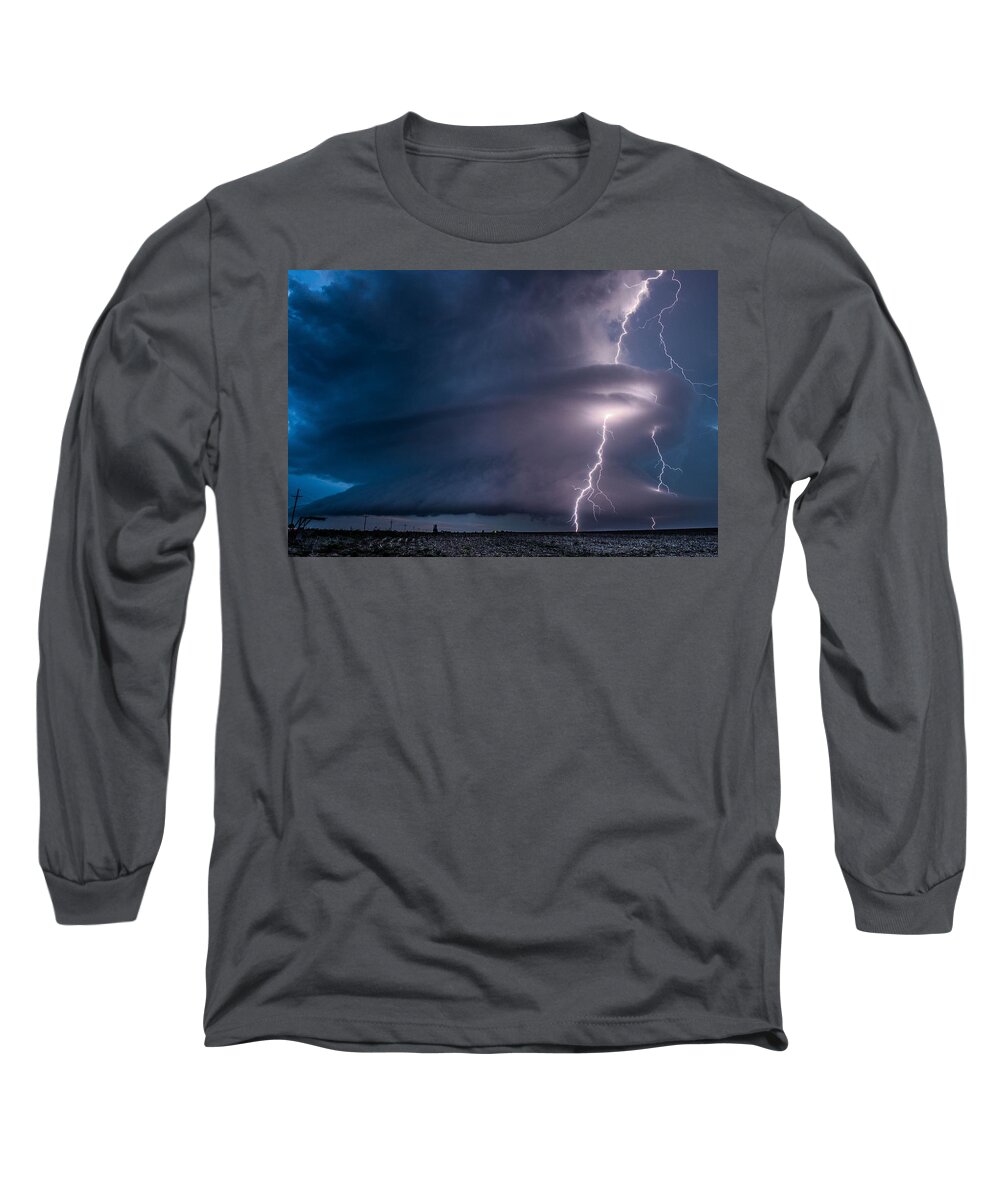 Lightning Long Sleeve T-Shirt featuring the photograph Selden, KS Electric Supercell by Marcus Hustedde