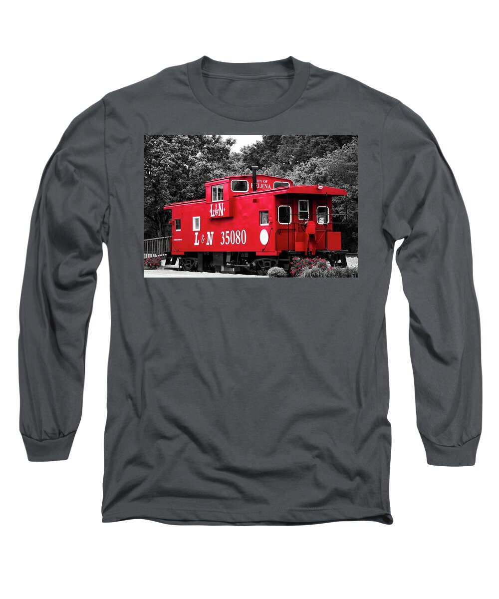 Helena Long Sleeve T-Shirt featuring the photograph Selective Color Red Caboose by Parker Cunningham