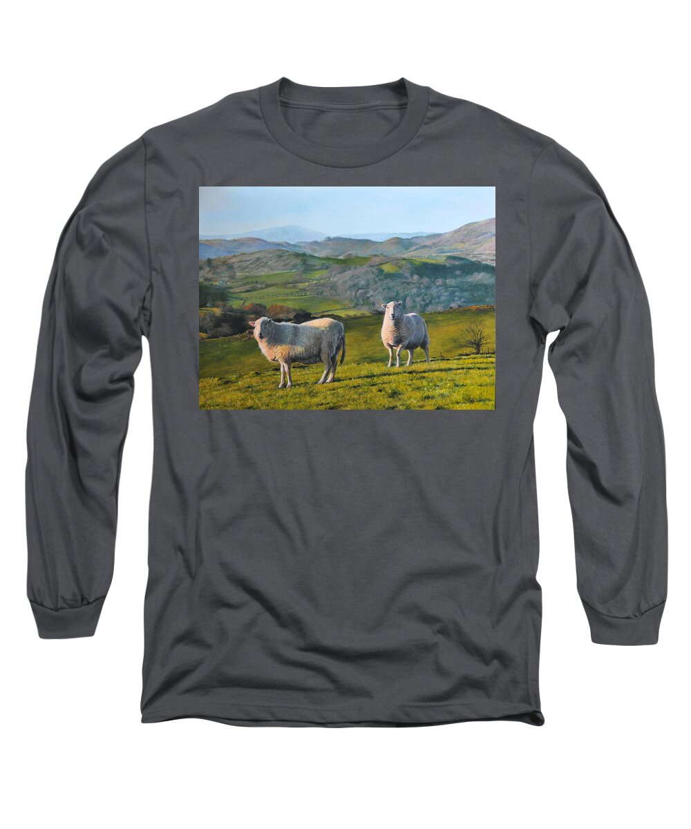 Landscape Long Sleeve T-Shirt featuring the painting Sheep at Rhug by Harry Robertson
