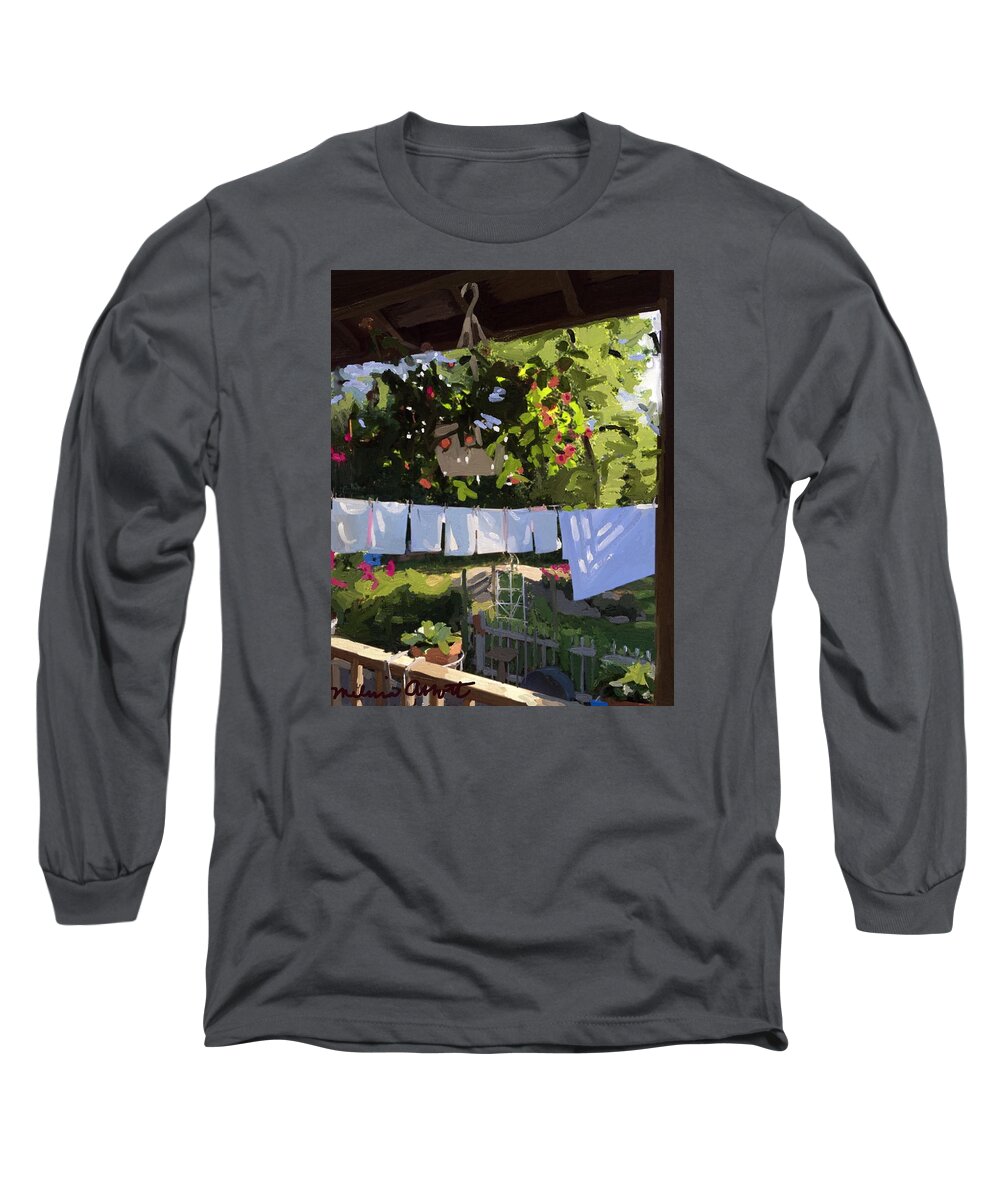 Laundry Long Sleeve T-Shirt featuring the painting Sheets and Pillow Cases on the Line with Lantana Flowers by Melissa Abbott