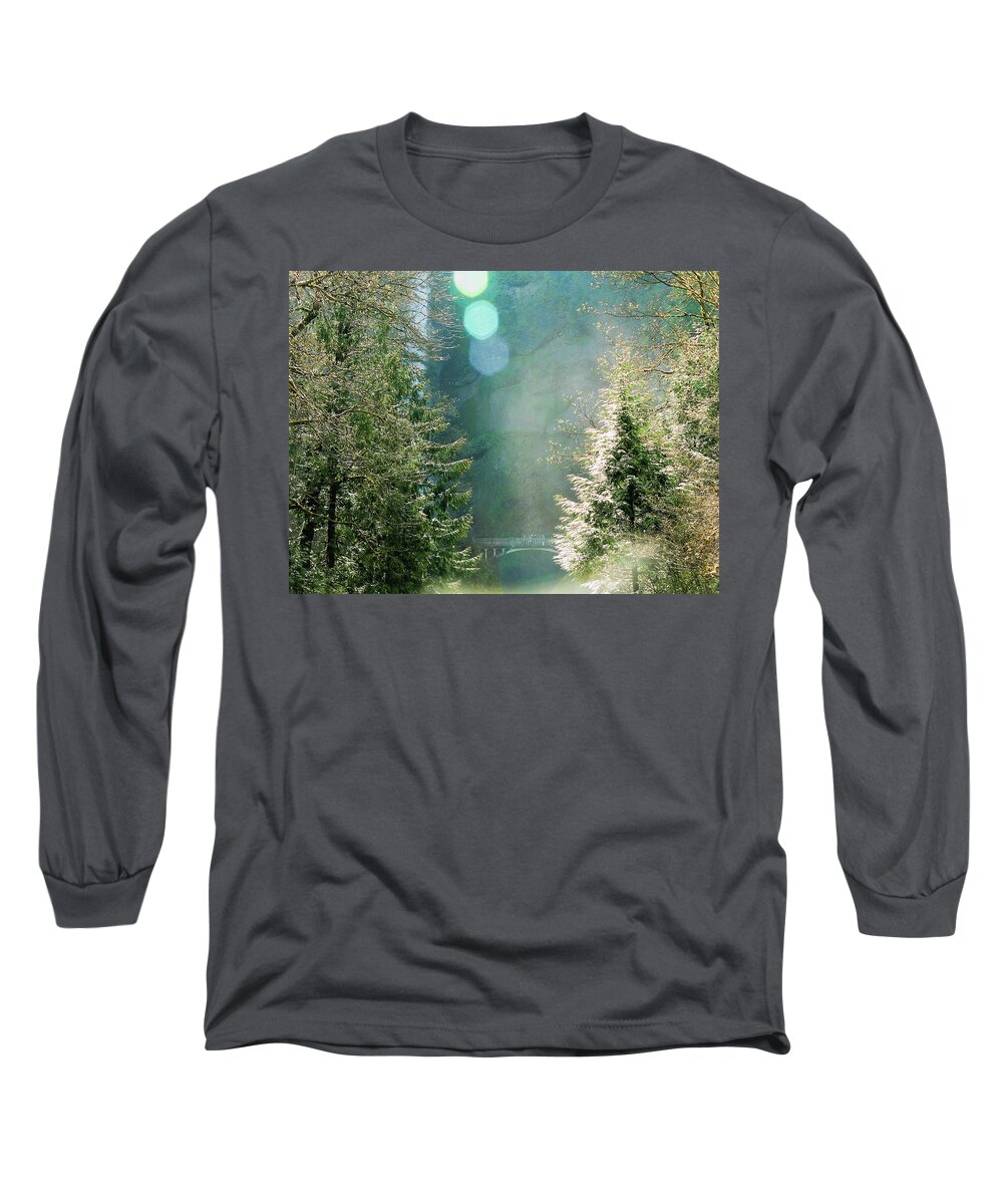 Multnomah Falls Trees Light Bridge Flare Long Sleeve T-Shirt featuring the photograph Shimmer by Wendell Ward