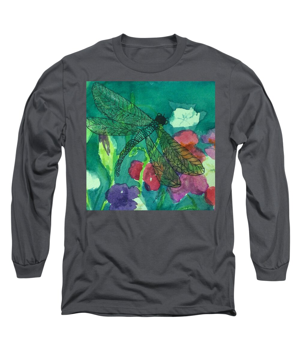 Dragonfly Long Sleeve T-Shirt featuring the painting Shimmering Dragonfly w Sweetpeas Square Crop by Ellen Levinson