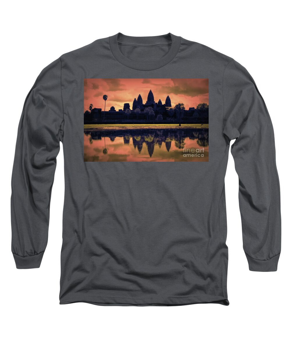 Angkor Wat Long Sleeve T-Shirt featuring the digital art Silhouettes Angkor Wat Cambodia Mixed Media by Chuck Kuhn