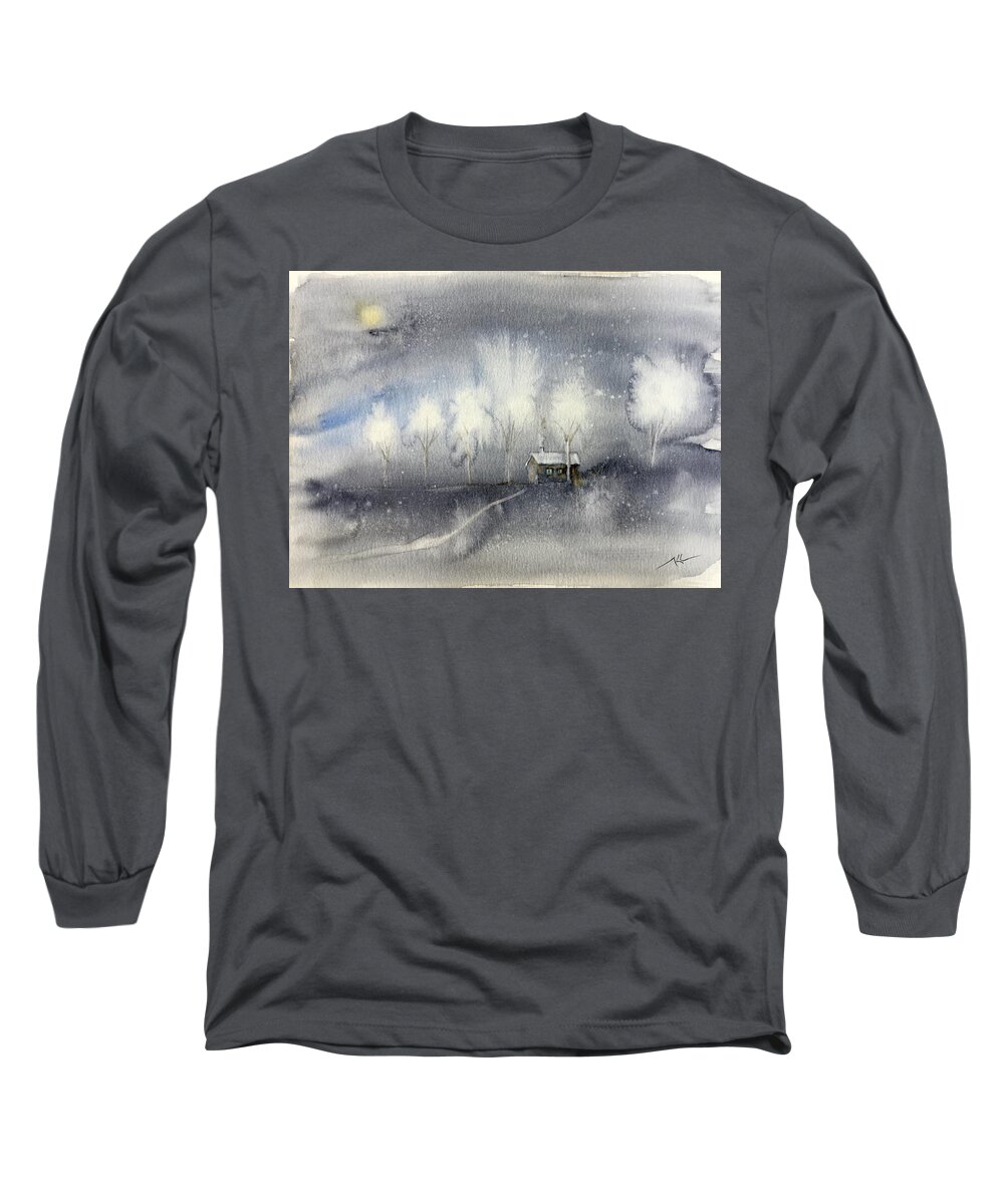 Winter Night Long Sleeve T-Shirt featuring the painting Silver night by Katerina Kovatcheva