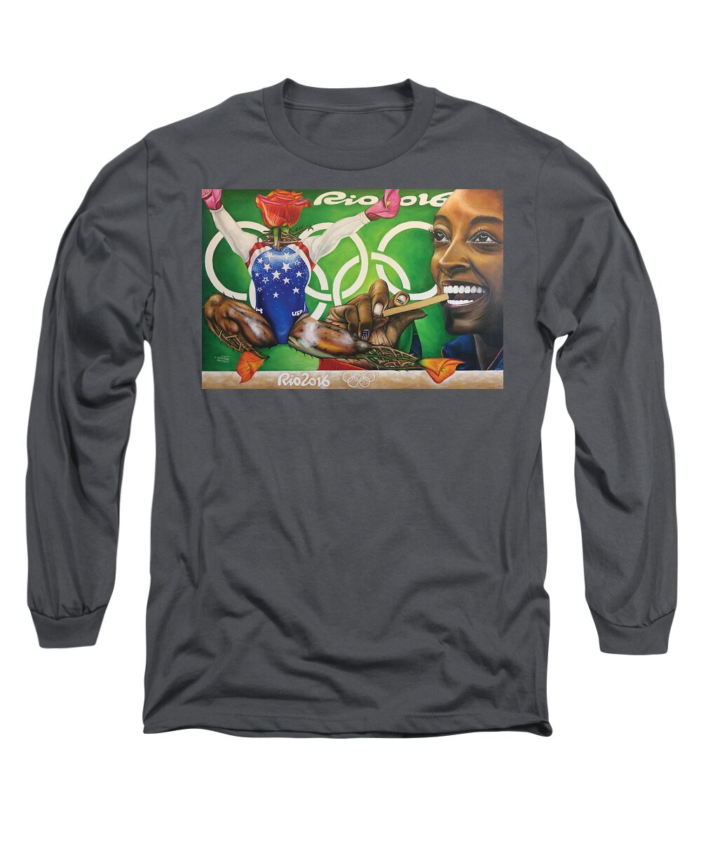 Flower Long Sleeve T-Shirt featuring the painting Simone Biles The Golden Rose by O Yemi Tubi