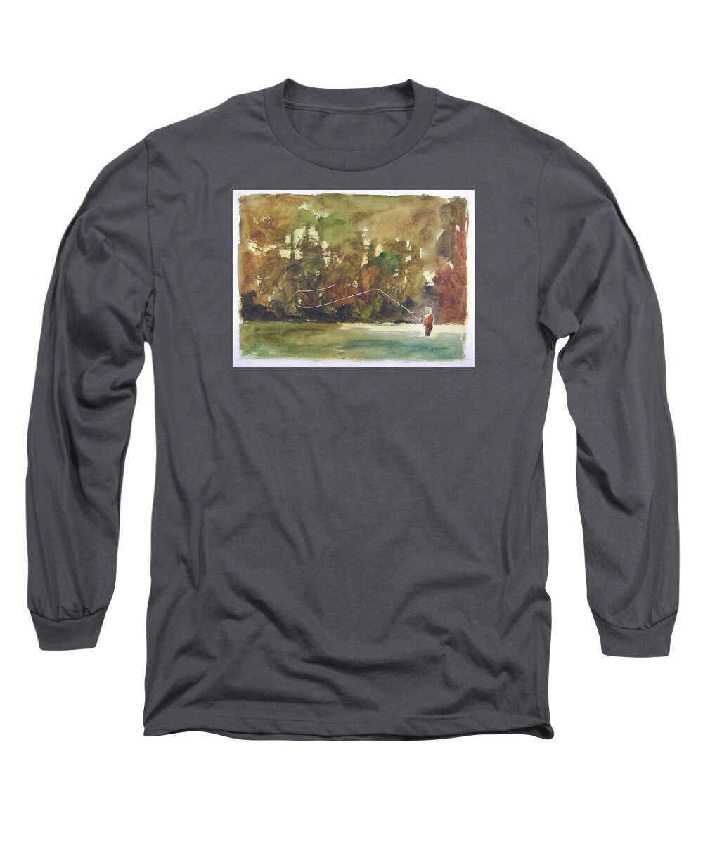 Fly Fishing Angler River Trees Man Watercolor Paper Long Sleeve T-Shirt featuring the painting Snap by Stephen Rutherford