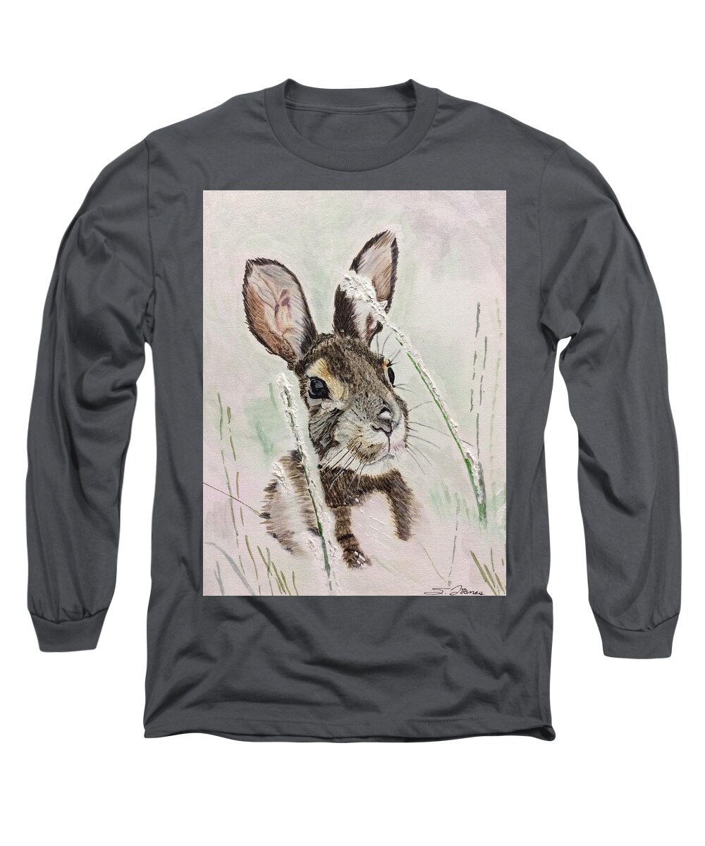 Rabbit Long Sleeve T-Shirt featuring the painting Snow blown by Sonja Jones
