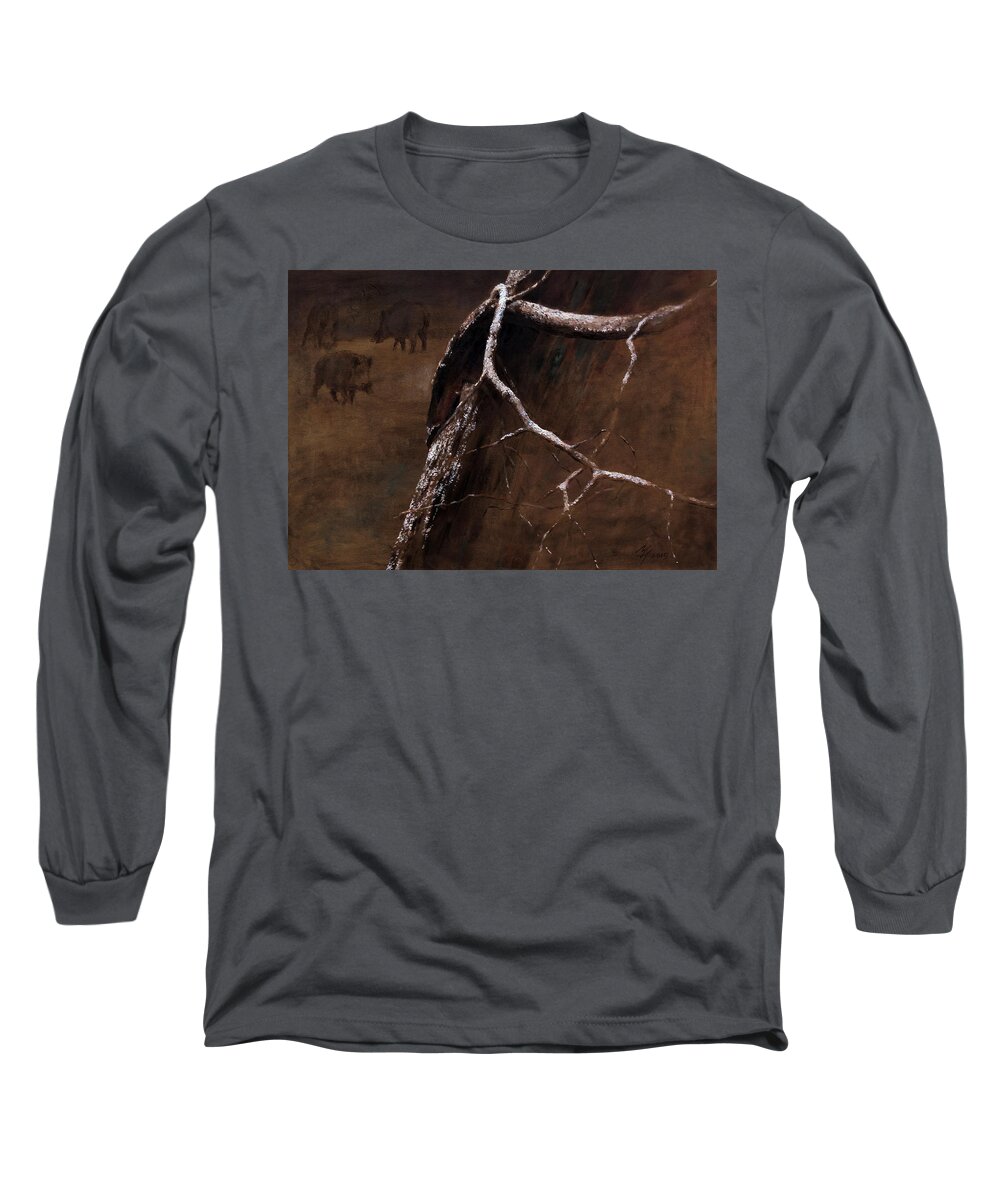 Boar Long Sleeve T-Shirt featuring the painting Snowy Branch with Wild Boars by Attila Meszlenyi