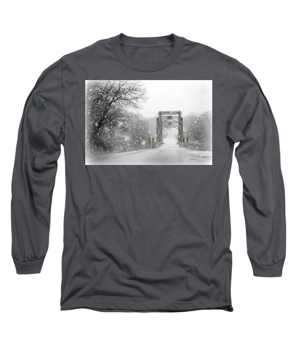 Snowy Day And One Lane Bridge Long Sleeve T-Shirt featuring the photograph Snowy Day And One Lane Bridge by Kathy M Krause
