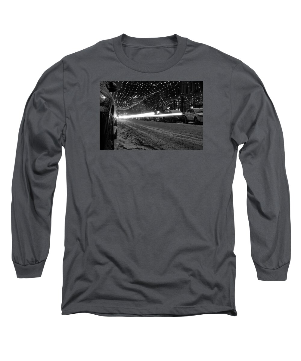 Light Trails Long Sleeve T-Shirt featuring the photograph Snowy night light trails by Stephen Holst