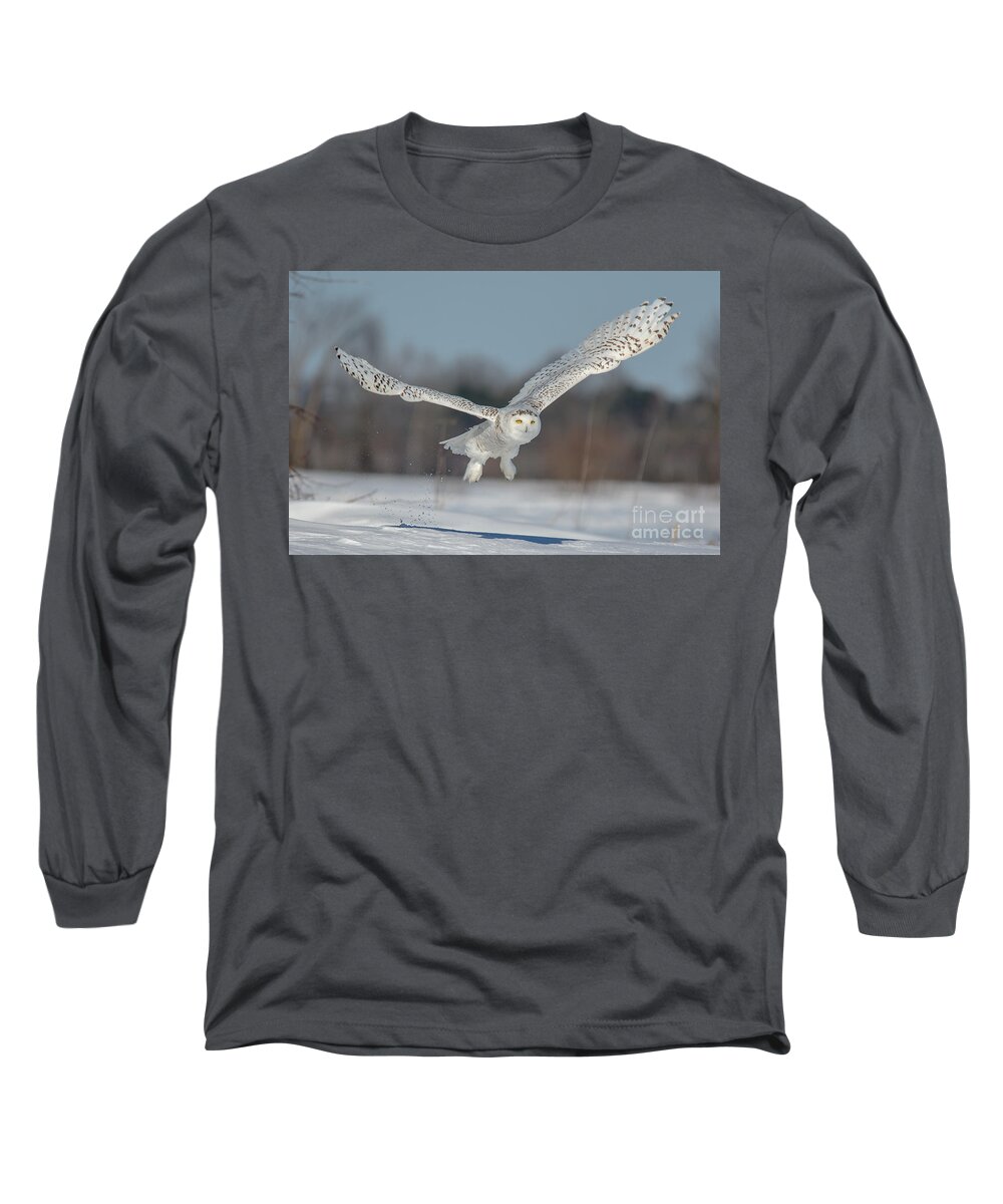 Cheryl Baxter Photography Long Sleeve T-Shirt featuring the photograph Snowy Owl Taking Off by Cheryl Baxter