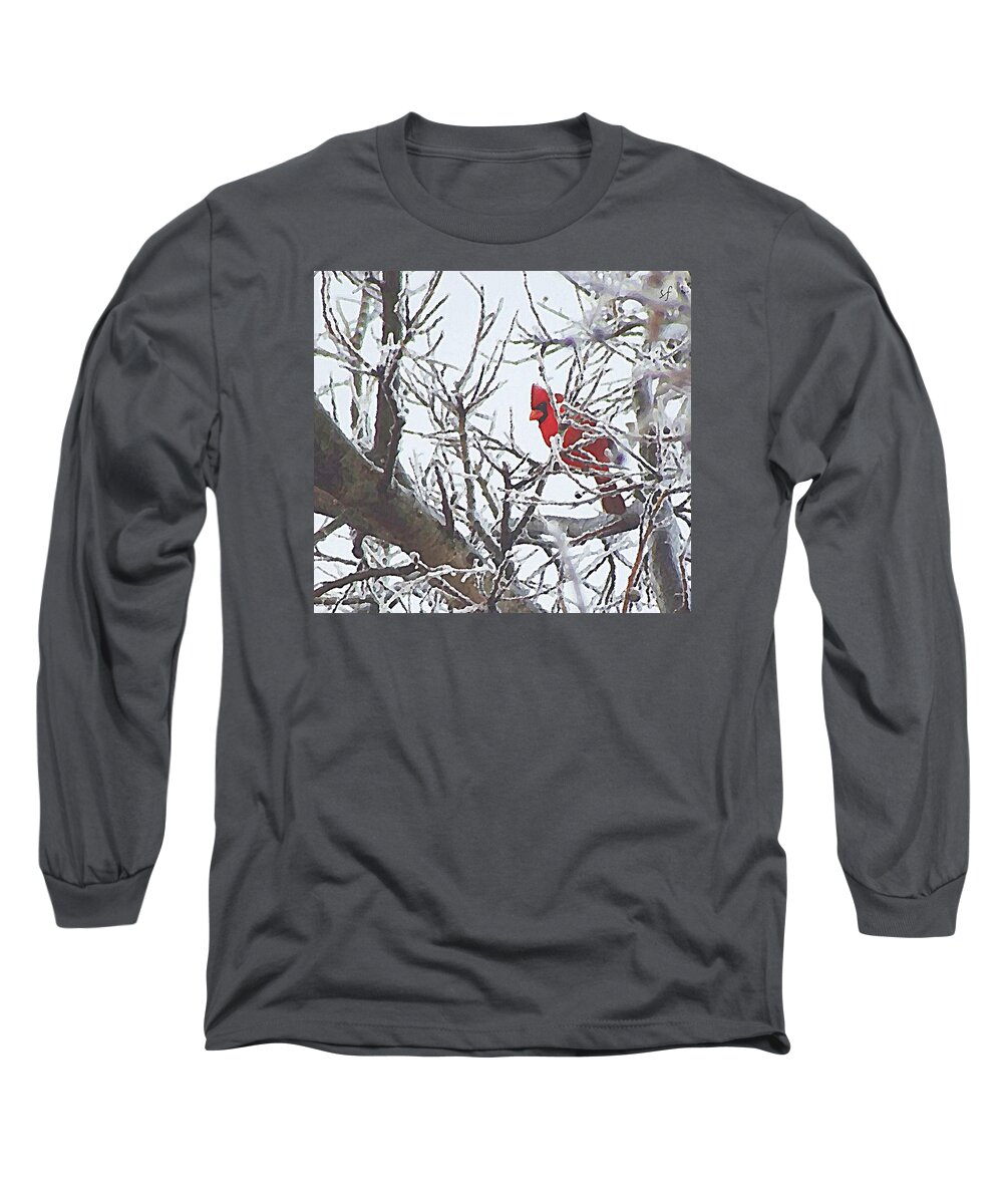 Red Bird Long Sleeve T-Shirt featuring the mixed media Snowy Red Bird a Cardinal in Winter by Shelli Fitzpatrick