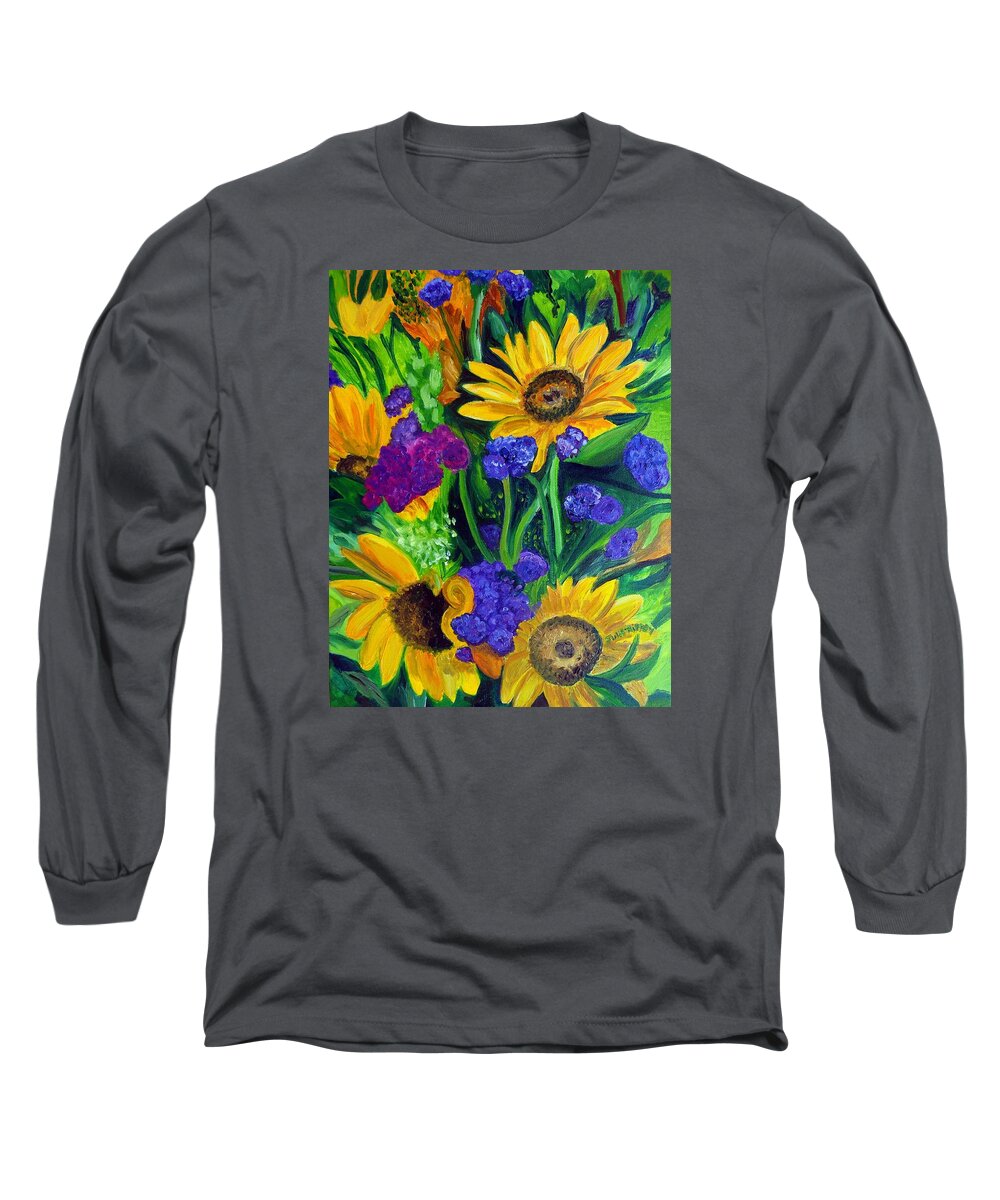 Sunflowers Long Sleeve T-Shirt featuring the painting Sunflowers -Soaking Up Sunshine by Julie Brugh Riffey