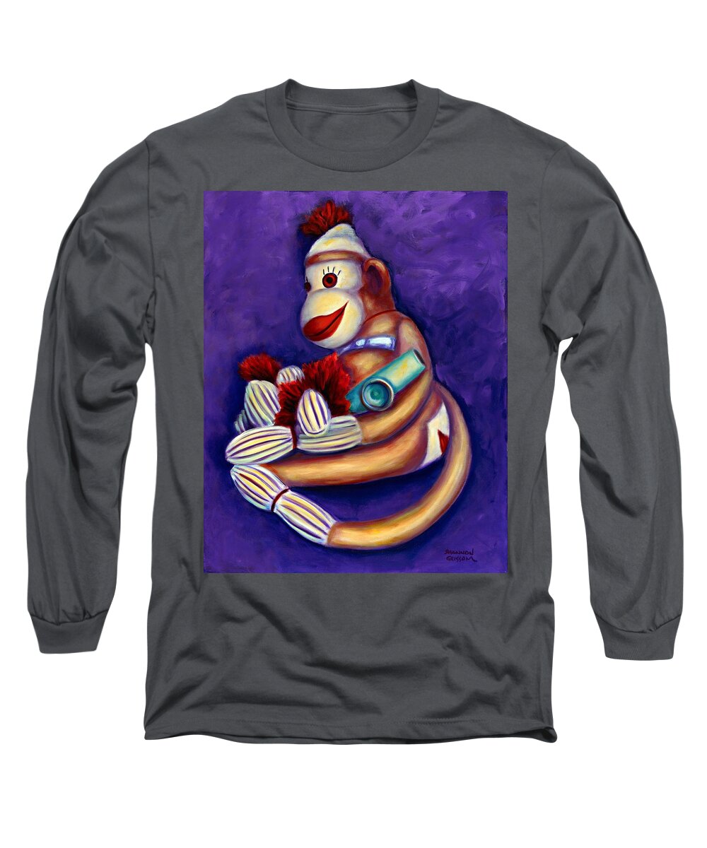 Children Long Sleeve T-Shirt featuring the painting Sock Monkey With Kazoo by Shannon Grissom