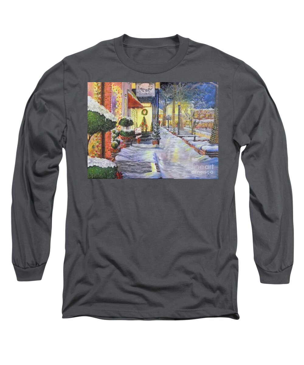Christmas Long Sleeve T-Shirt featuring the painting Soft Snowfall in Dahlonega Georgia an Old Fashioned Christmas by Nicole Angell