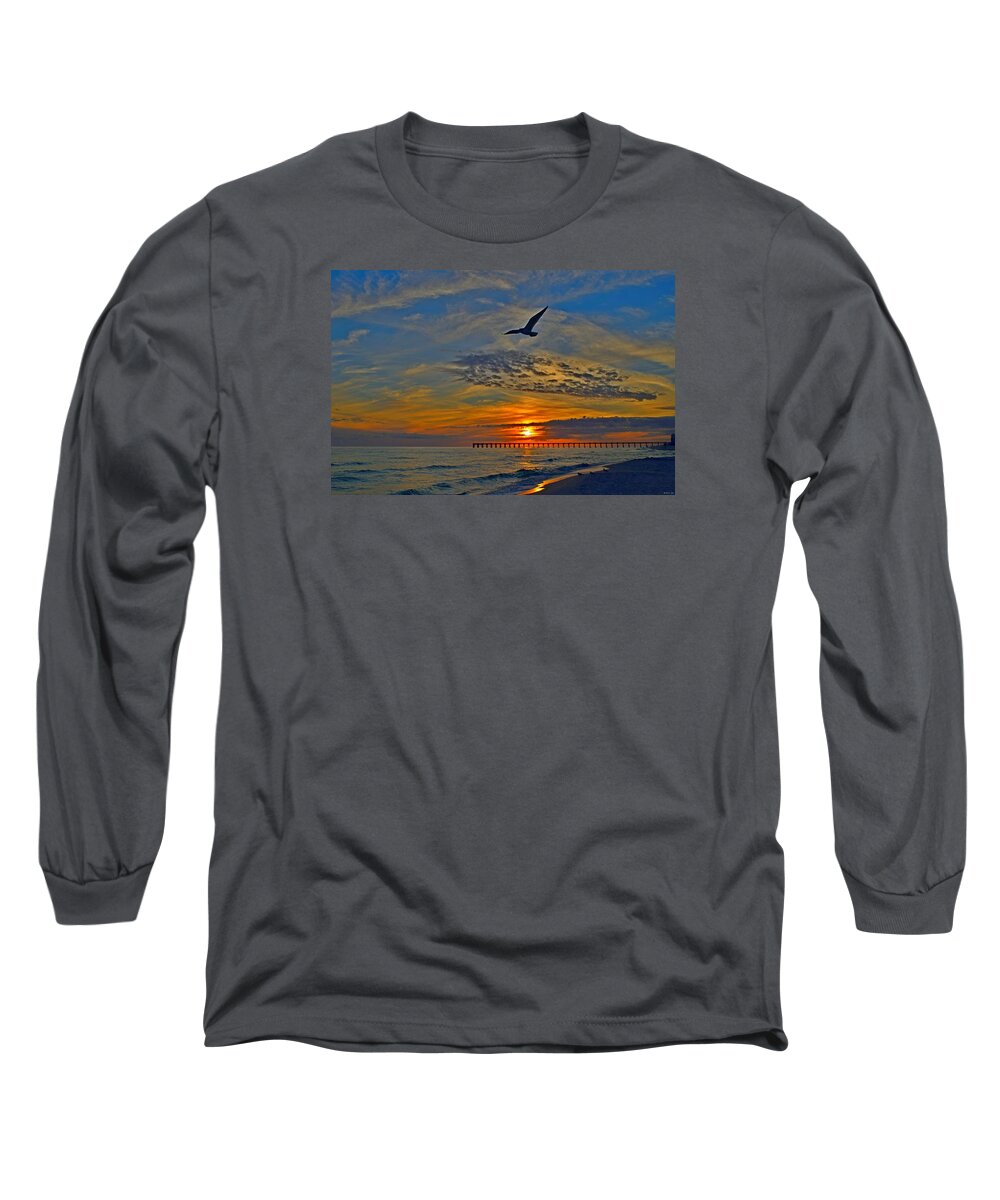 20120218 Long Sleeve T-Shirt featuring the photograph 0218 Solo Gull at Sunset on Navarre Beach by Jeff at JSJ Photography
