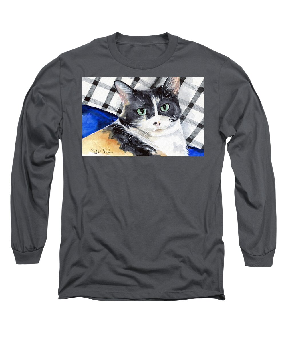 Southpaw Long Sleeve T-Shirt featuring the painting Southpaw - Calico Cat Portrait by Dora Hathazi Mendes