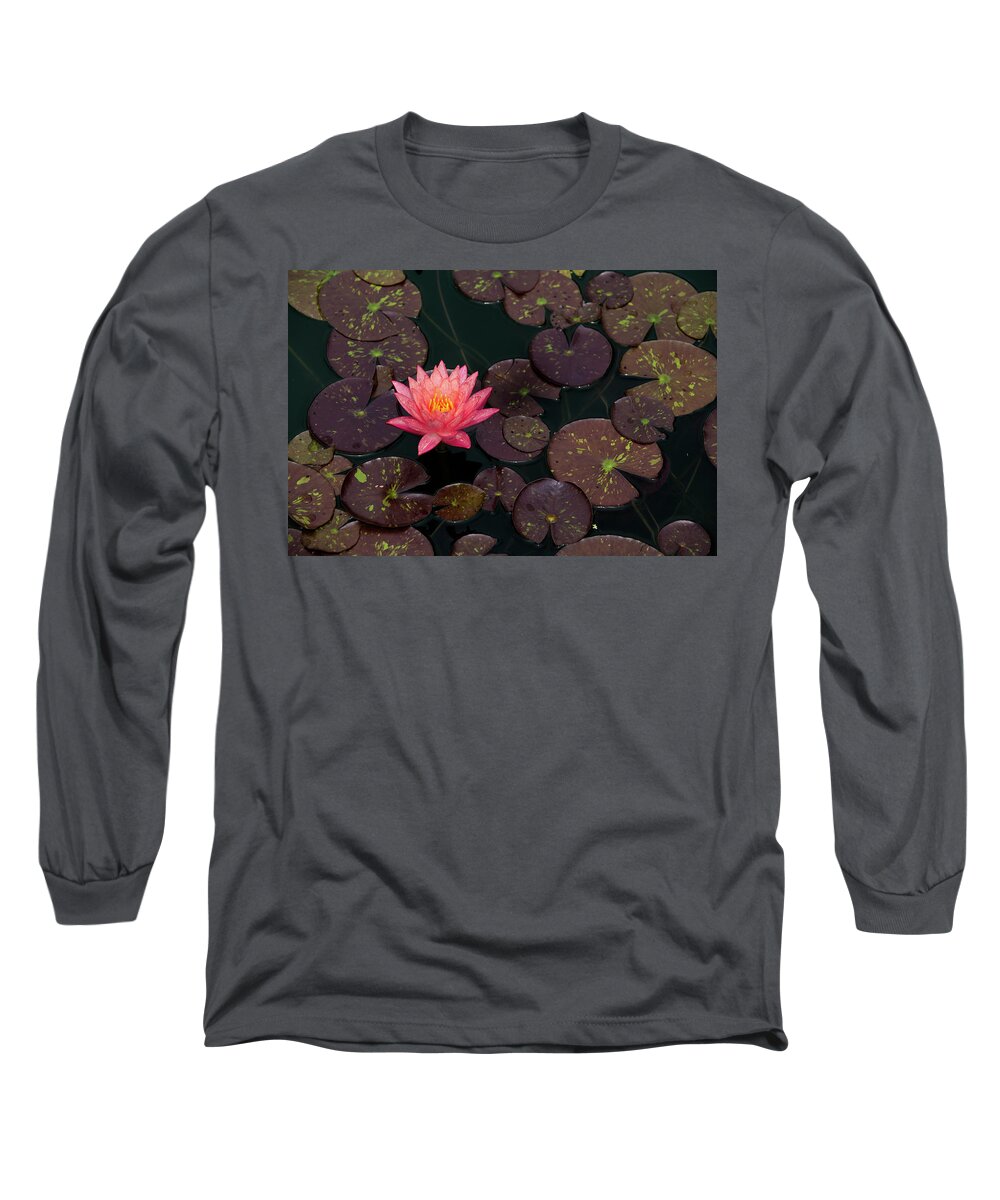 Bloom Long Sleeve T-Shirt featuring the photograph Speckled Red Lily and Pads by Dennis Dame