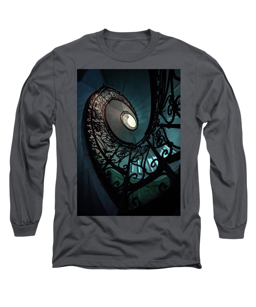 Architecture Long Sleeve T-Shirt featuring the photograph Spiral ornamented staircase in blue and green tones by Jaroslaw Blaminsky