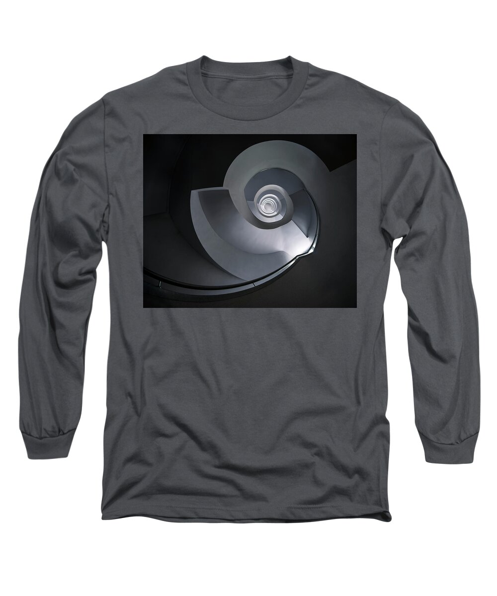 Spiral Staircase Long Sleeve T-Shirt featuring the photograph Spiral staircase in grey and blue tones by Jaroslaw Blaminsky