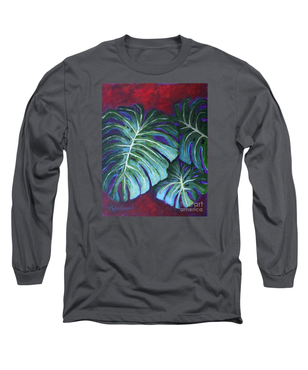 Leaves Long Sleeve T-Shirt featuring the painting Split Leaf Philodendron by Phyllis Howard
