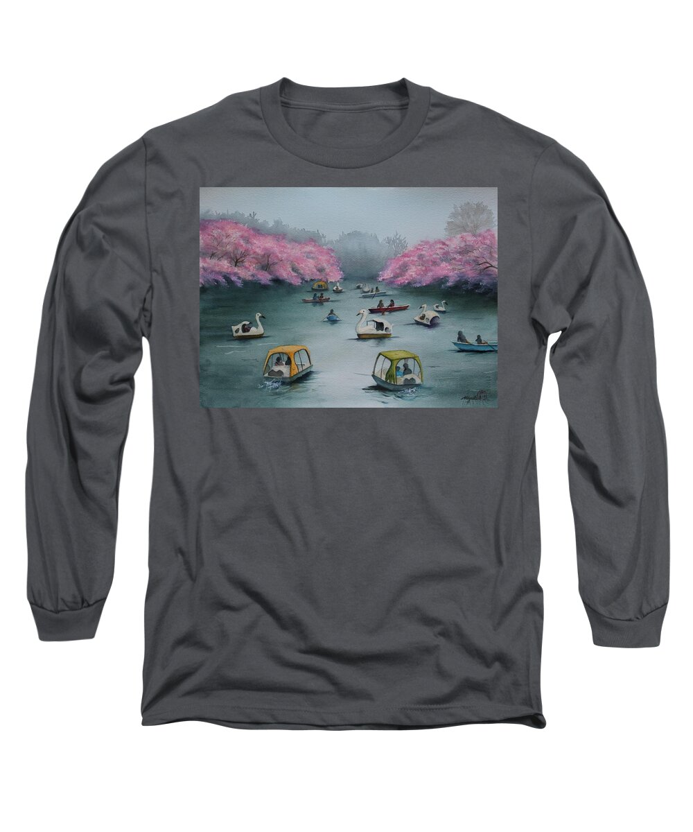 Sakura Long Sleeve T-Shirt featuring the painting Springtime Fun at Inokashira by Kelly Miyuki Kimura