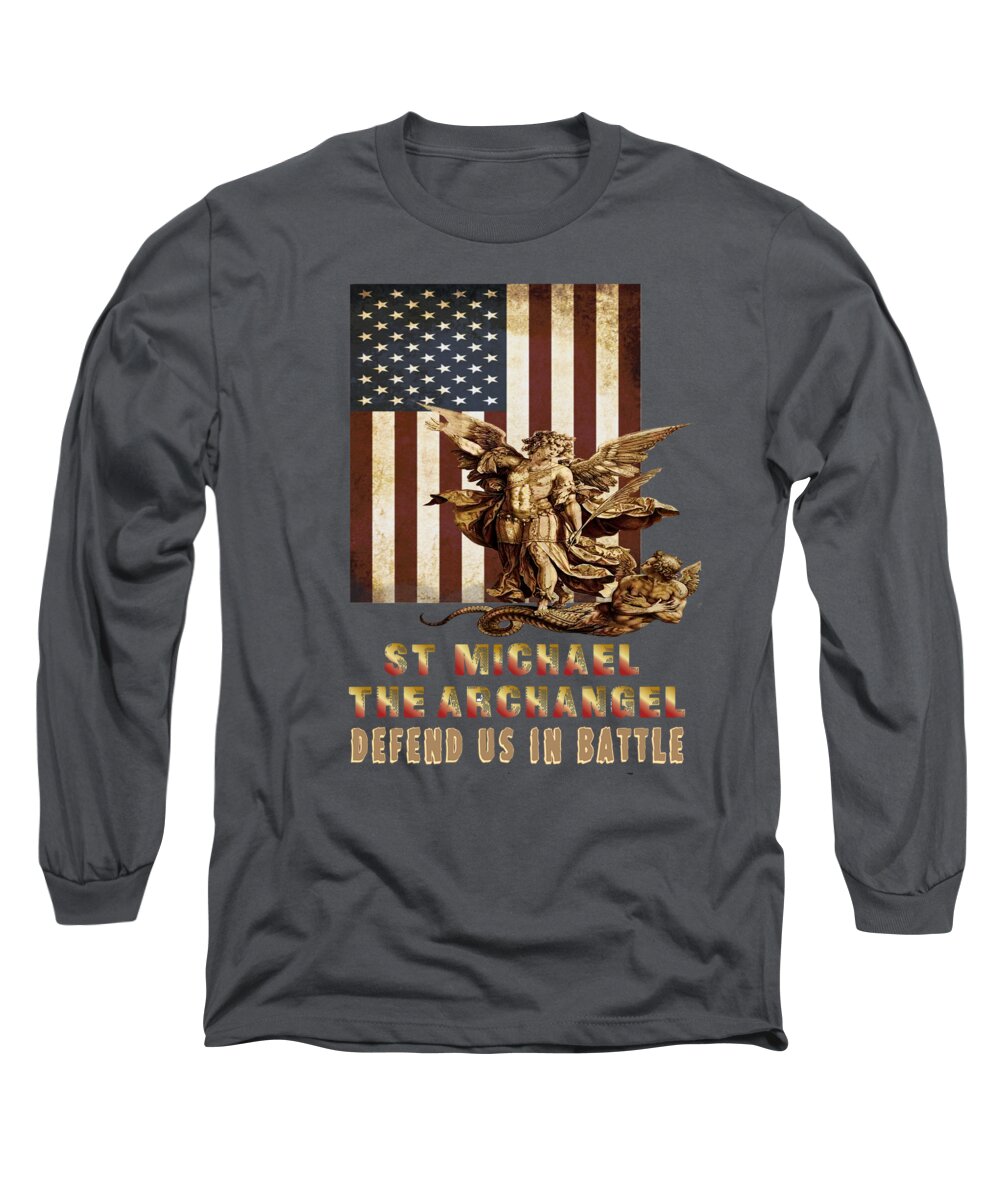 St Michael Long Sleeve T-Shirt featuring the mixed media St Michael the Archangel and USA Flag 103 by Hieronymus - Detail