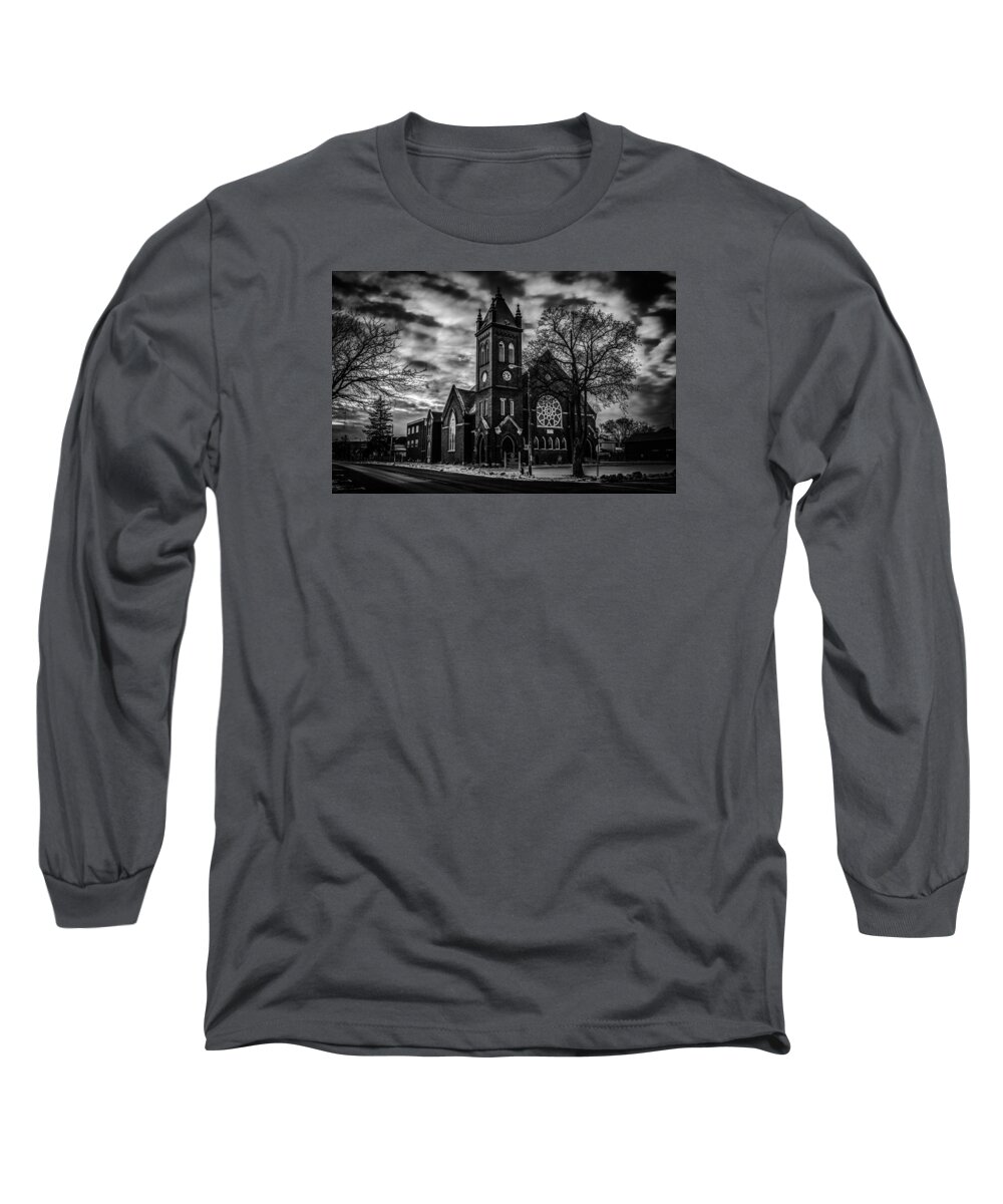 Church Long Sleeve T-Shirt featuring the photograph St Pauls United Church Milton Black and White by Karl Anderson