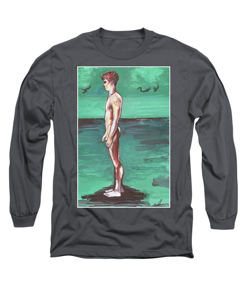 Nude Figure Long Sleeve T-Shirt featuring the painting Standig on a Cold Beach with Hesitation by Rene Capone
