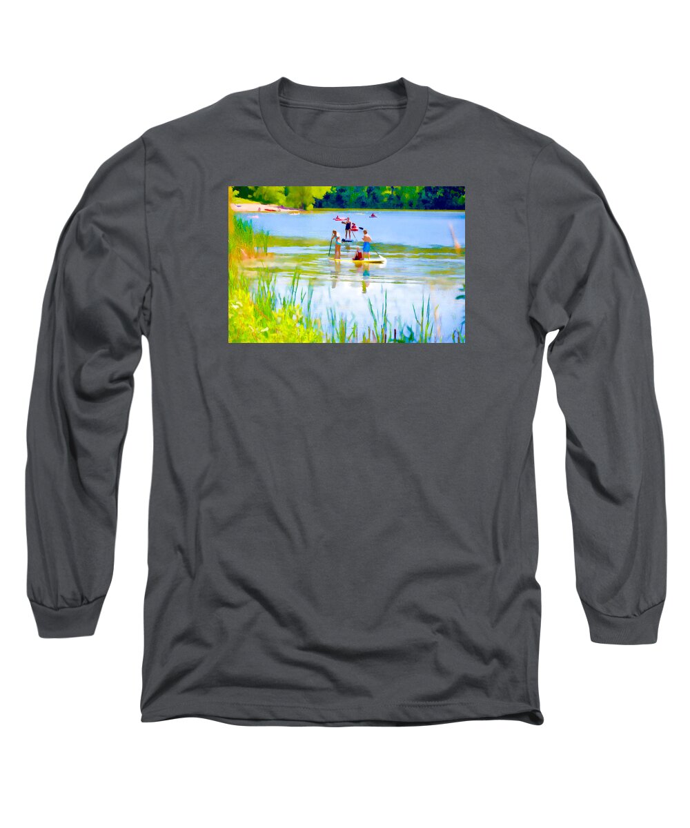 Standup Paddleboarding Long Sleeve T-Shirt featuring the painting Standup Paddleboarding 3 by Jeelan Clark
