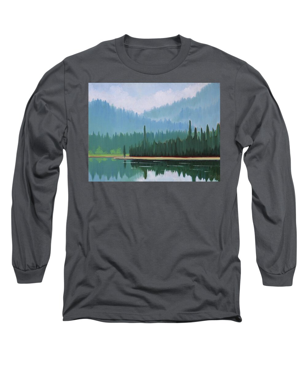 Stanley Lake Long Sleeve T-Shirt featuring the painting Stanley Lake - Far Shore by Kevin Hughes