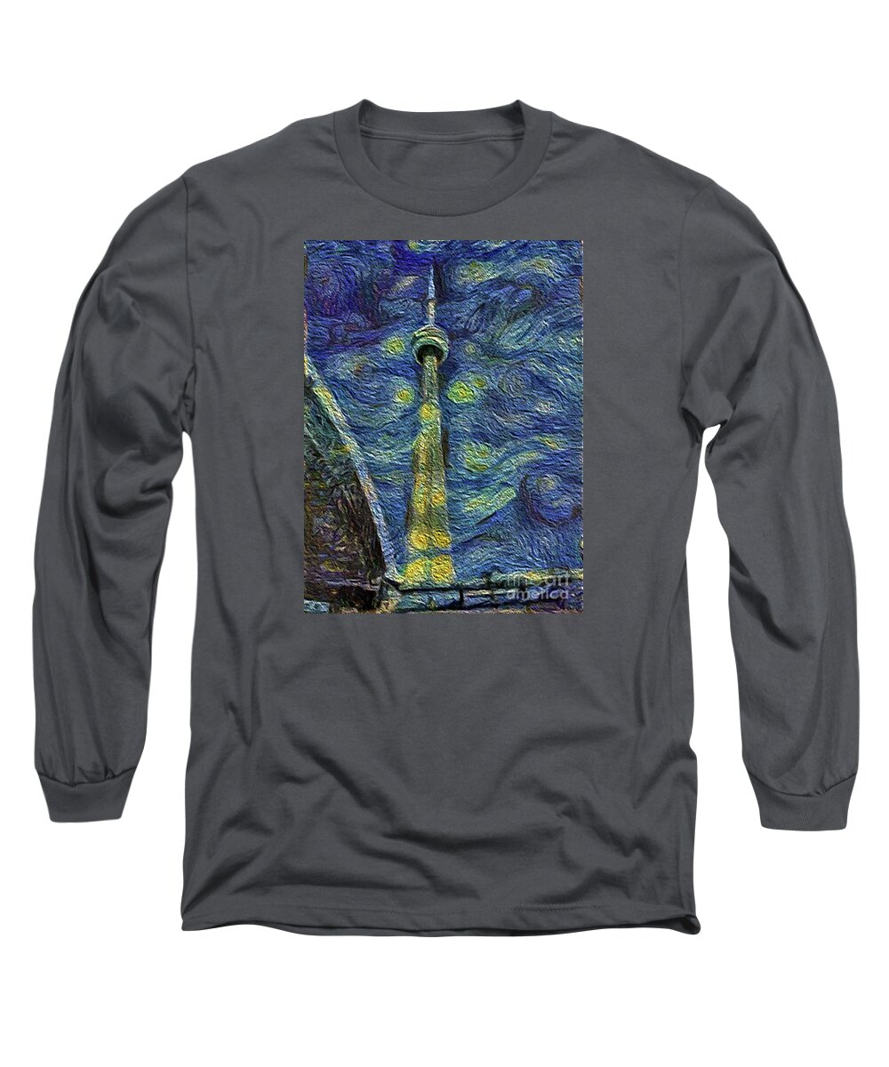 Impressionism Long Sleeve T-Shirt featuring the photograph Starry Night CN Tower by Nina Silver