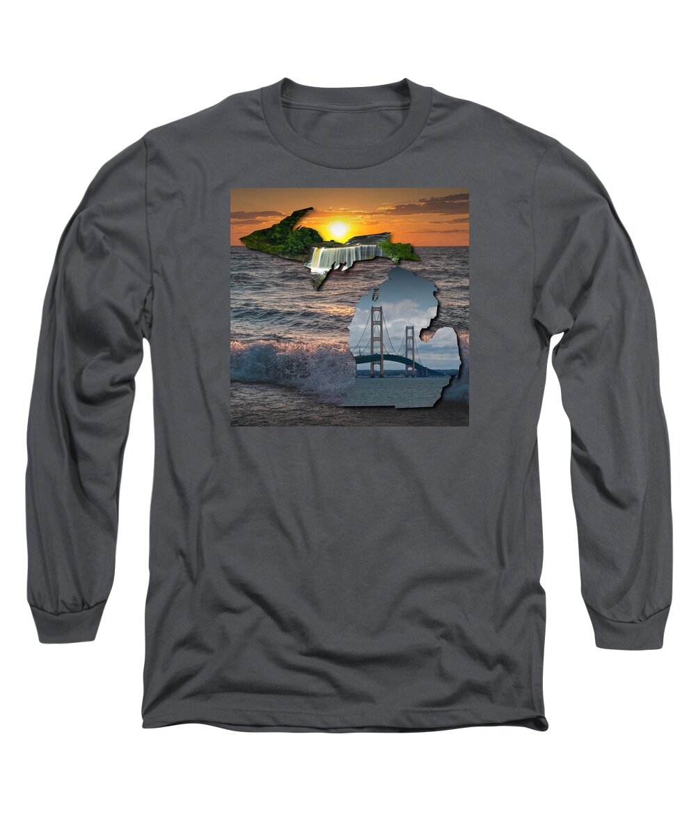 Art Long Sleeve T-Shirt featuring the photograph State of Michigan Map with the Tahquamenon Falls and Mackinaw Bridge by Randall Nyhof