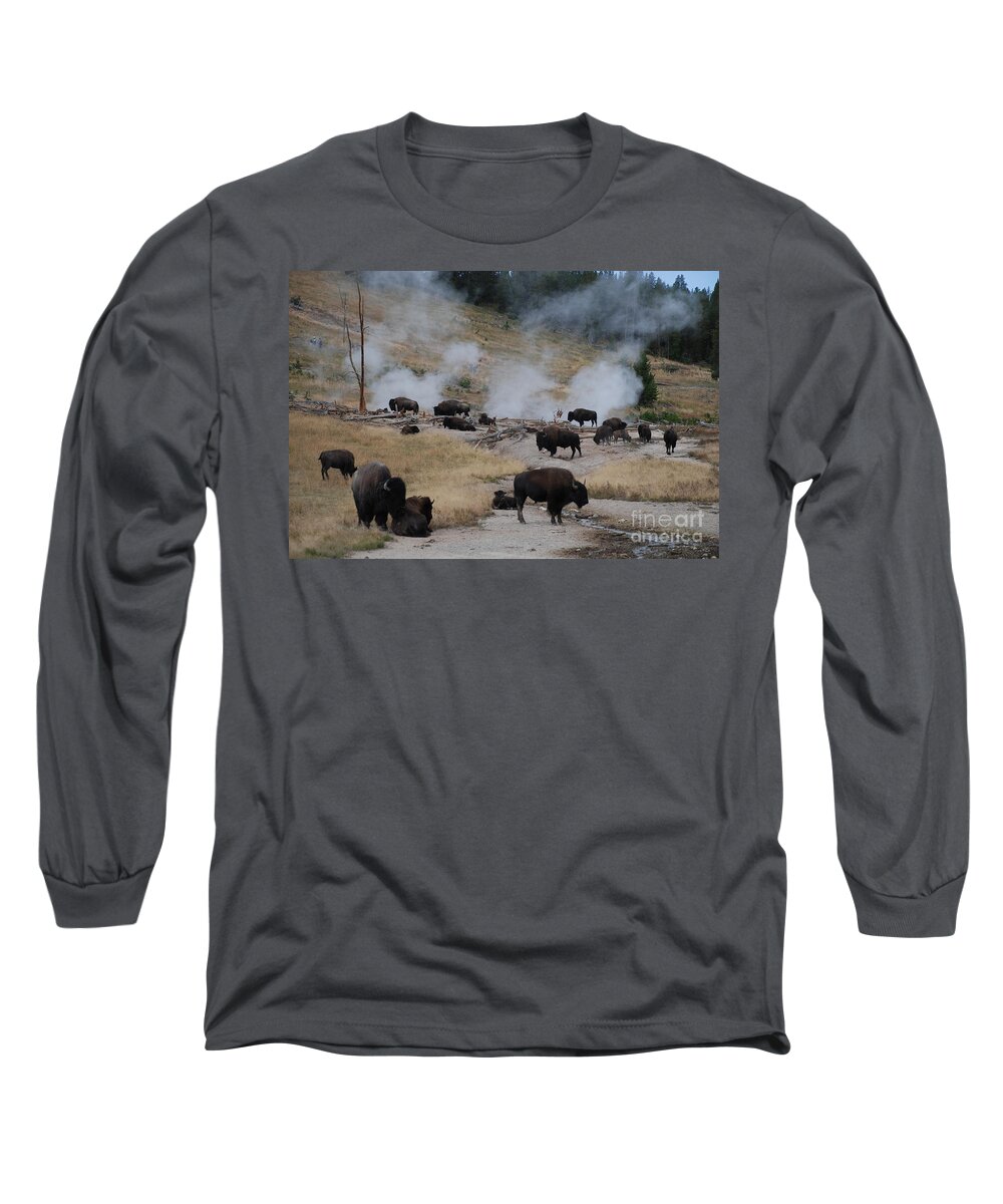 Bison Long Sleeve T-Shirt featuring the photograph Steam Bath by Jim Goodman