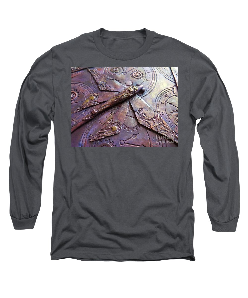 Steampunk Art Long Sleeve T-Shirt featuring the sculpture Steampunk Dragonfly by Reina Resto