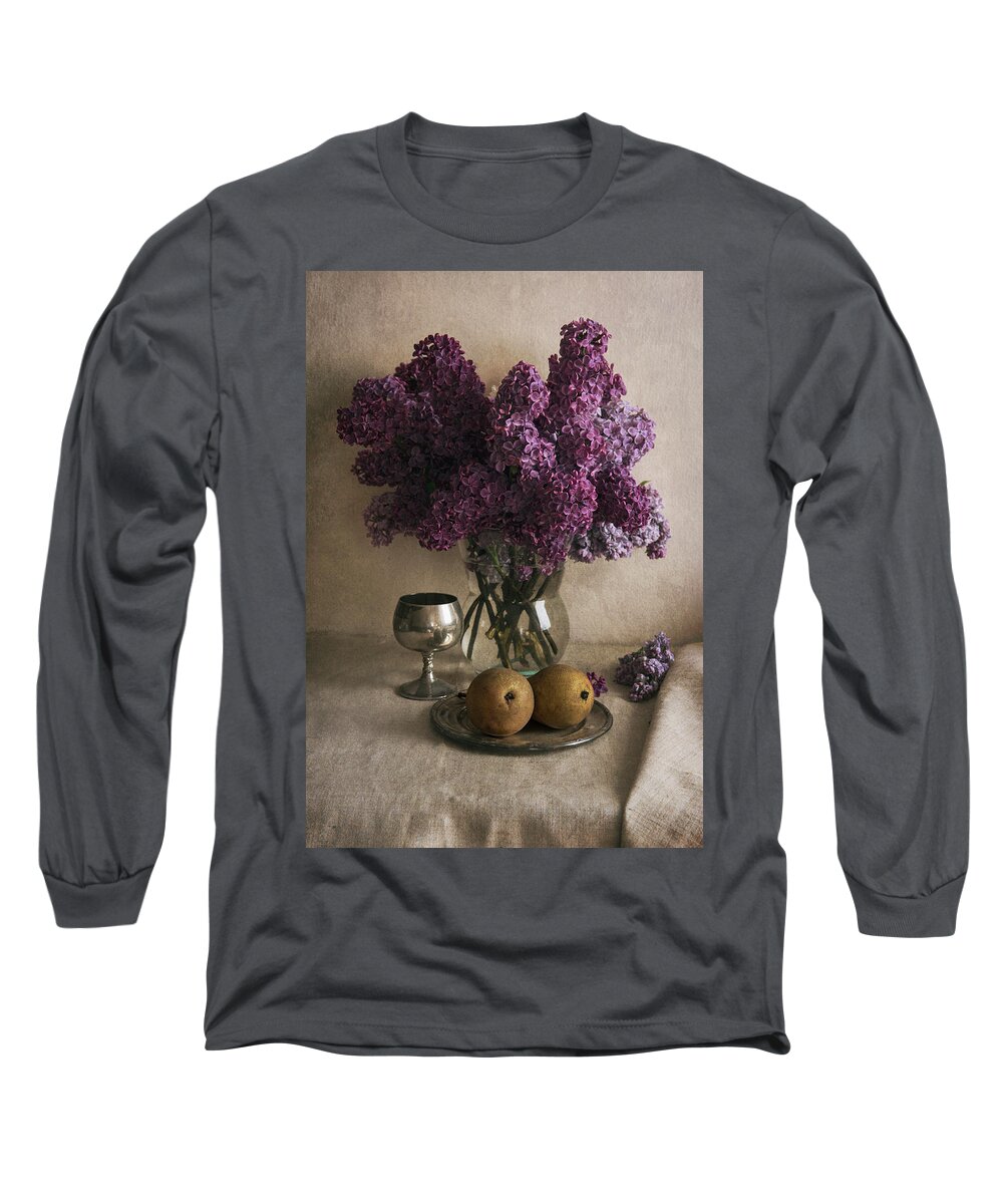 Still Life Long Sleeve T-Shirt featuring the photograph Still life with pears and fresh lilac by Jaroslaw Blaminsky