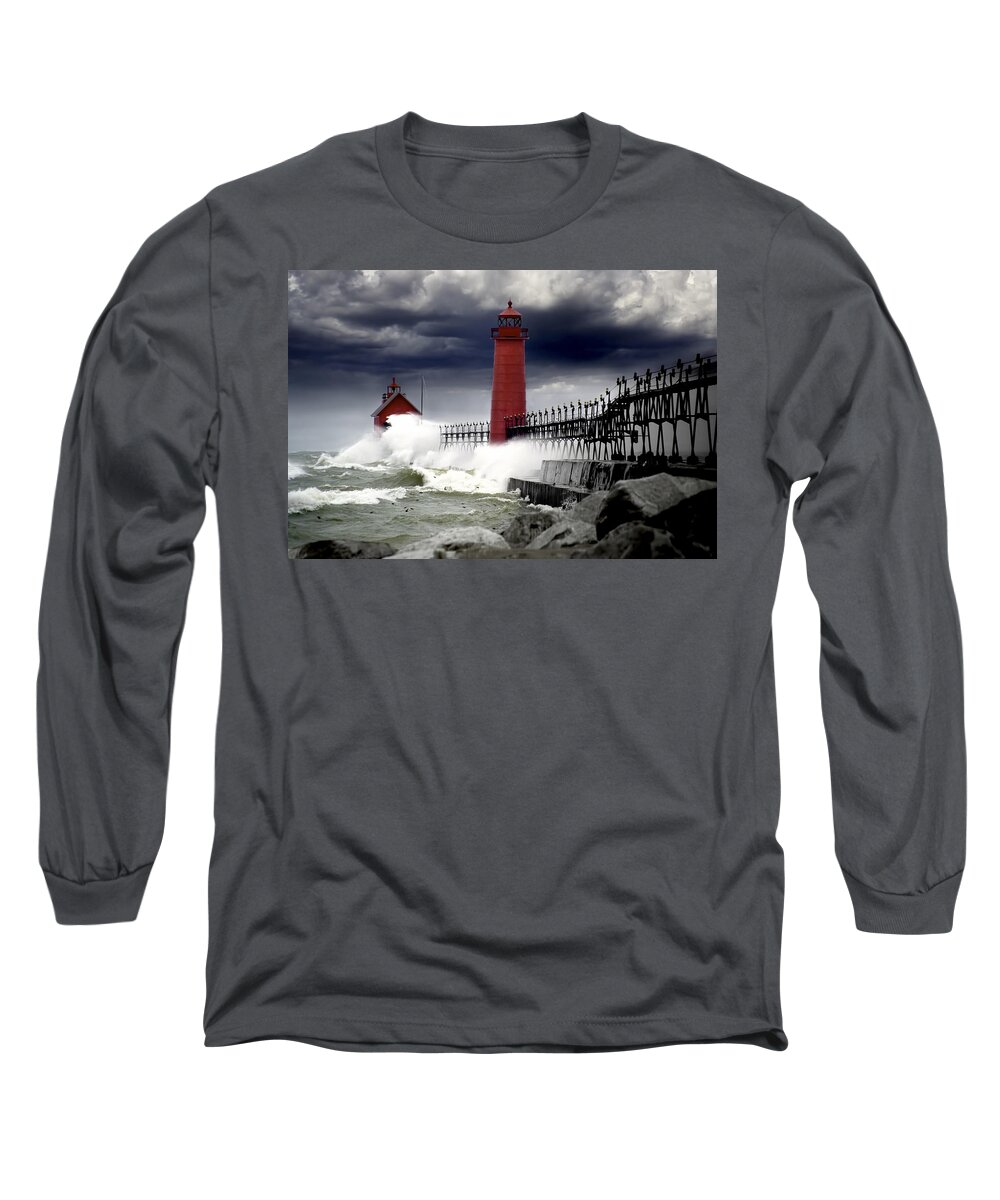 Art Long Sleeve T-Shirt featuring the photograph Storm at the Grand Haven Lighthouse by Randall Nyhof