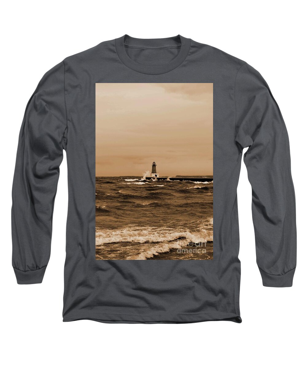 Storm Sandy Long Sleeve T-Shirt featuring the photograph Storm Sandy Effects Menominee Lighthouse Sepia by Ms Judi